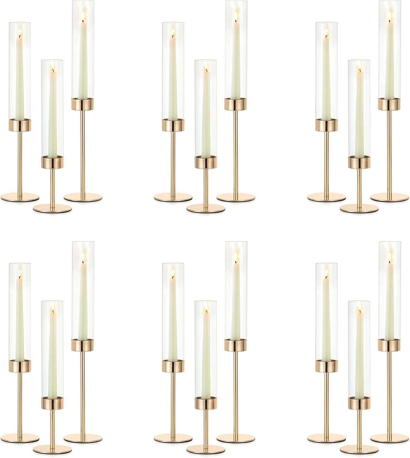 NUPTIO Candle Stick Holder for Wedding: 18 Pcs Tall Hurricane Gold Candles Holder with Clear Glass Chimney Cover - Tapered Candlestick Decor Bulk for Party Centerpiece