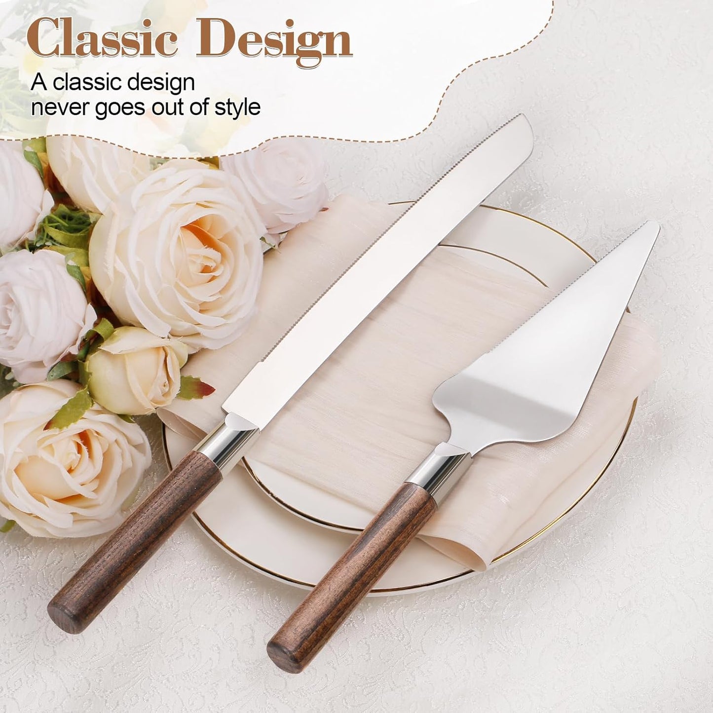 Cake Cutting Set for Wedding, Wood Cake Knife and Server Set, Vintage Pie Cake Cutter, Silver Pizza Dessert Utensils Bridal Anniversary Birthday Quinceañera Gift (Original Wood)
