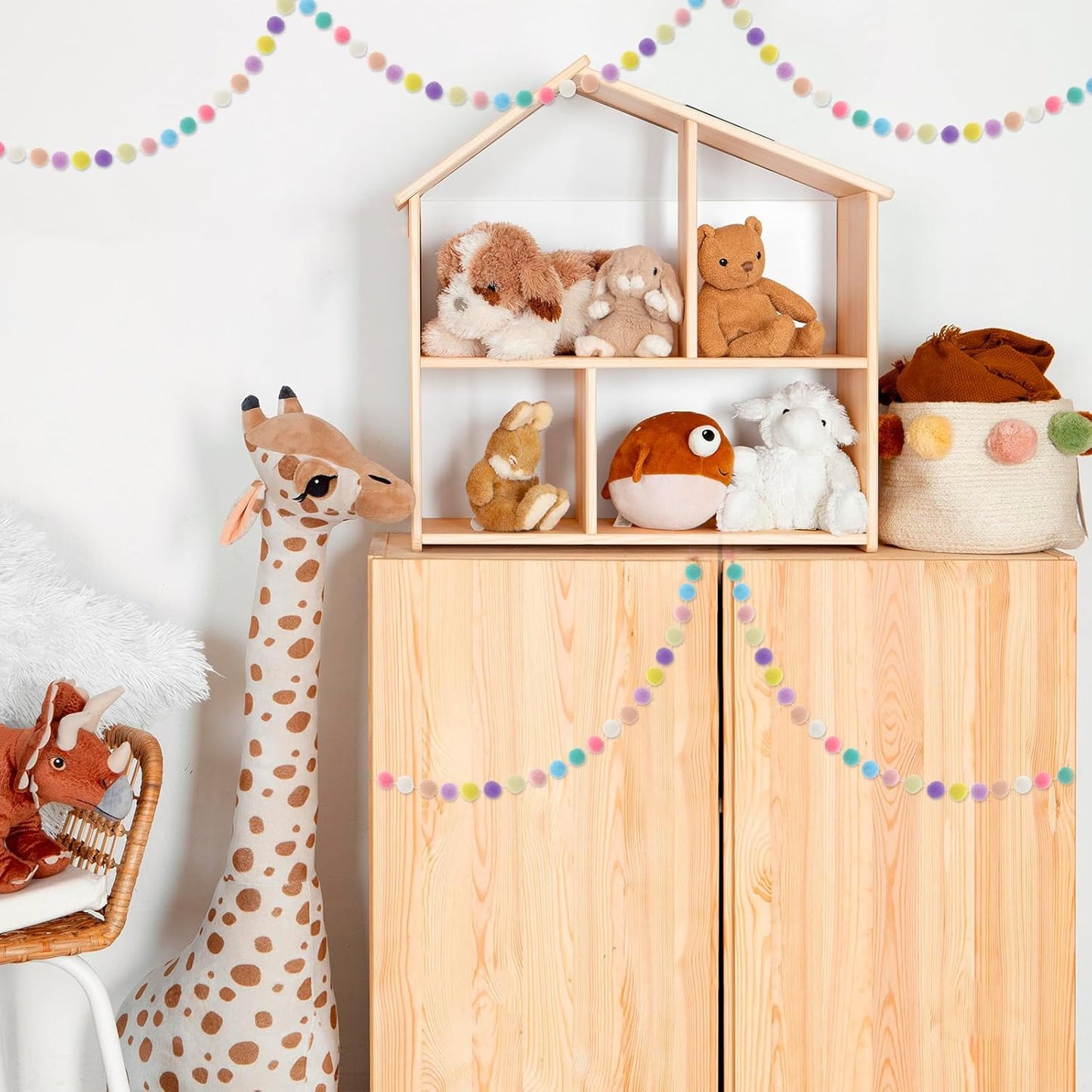 2 Pcs Pom Pom Garland 9.8 Feet 30 Balls Felt Ball Garland Pastel Ball Banner Cute Pompom Decorative Garland Rainbow Colorful Ball Ornament Garland for Wall Christmas Tree Decoration(10 Macaron Colors)