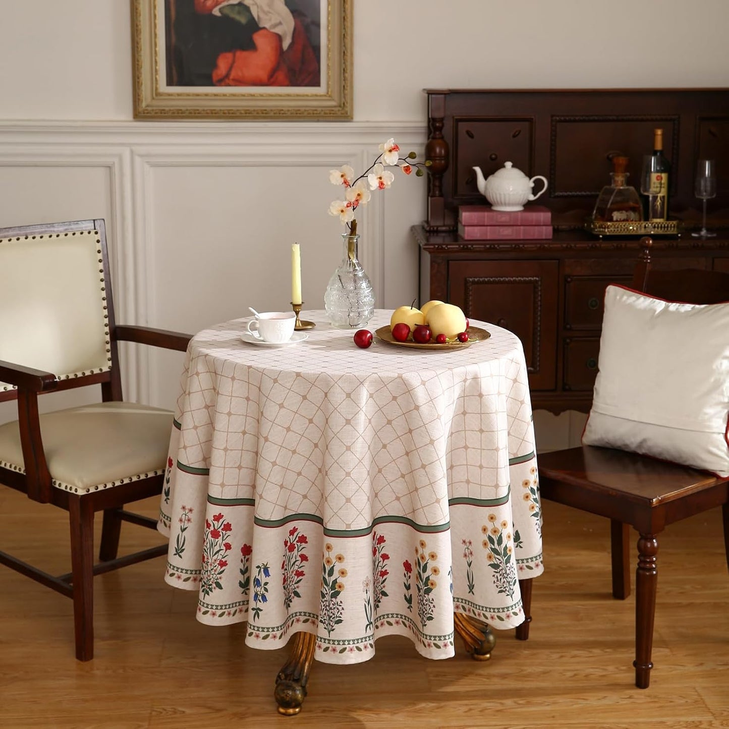 ISAENNE Designer Vintage Linen Floral Round Tablecloth,Fall Colorful Modern Table Cloth,Anti-Wrinkle Decor Tablecloths for Dining Thanksgiving Kitchen Christmas,Diameter 67"-Bertina E