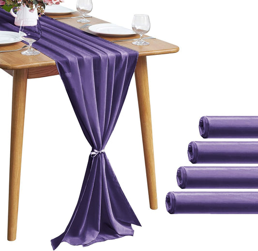 5 Pack 10Ft Chiffon Purple Table Runner Sheer 29x120 Inch for Romantic Wedding Decor Bridal & Baby Shower Birthday Rustic Party Decoration