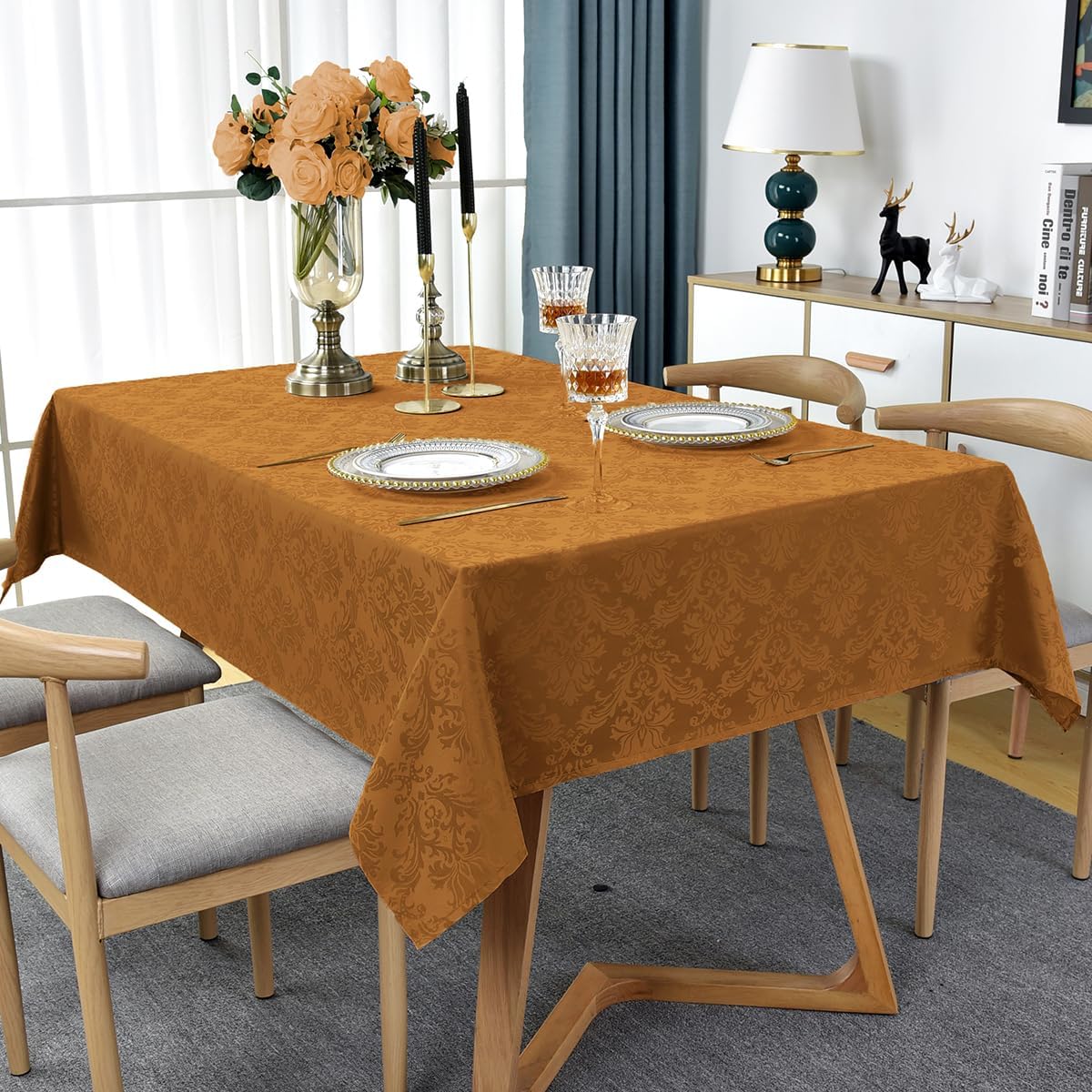 SASTYBALE Fall Tablecloth Rectangle 60 x 120 Inch, Spill Proof Wrinkle Free Autumn Jacquard Damask Table Cloth, Reusable Polyester Table Cover for Thanksgiving, Harvest, Holiday, Brown/Amber