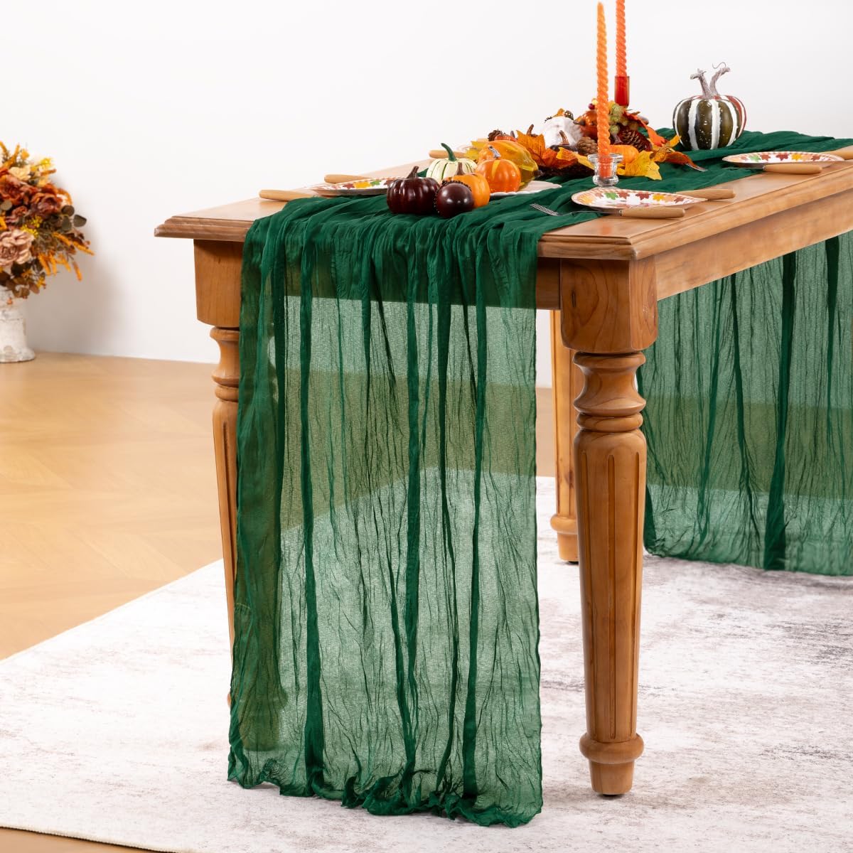 Emerald Green Cheesecloth Table Runner Fall Table Runner Boho Gauze 120 Inches Green Cheese Cloth Fall Table Decorations for Thanksgiving Wedding Bridal Baby Shower Tea Party
