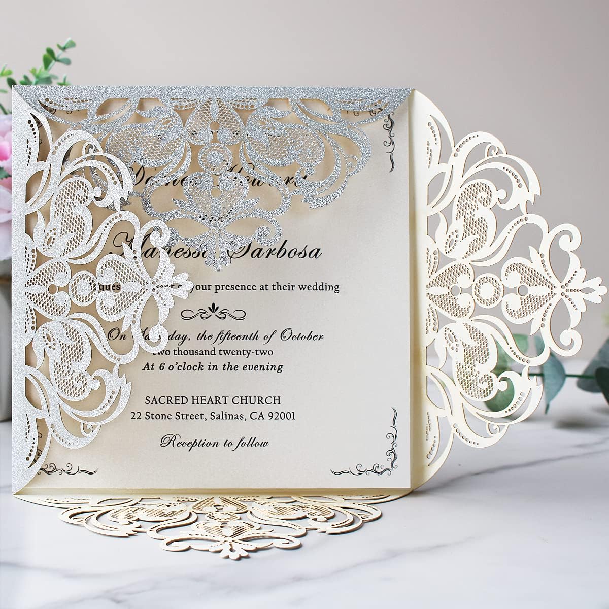 Hosmsua 50PCS Personalized Silver Glitter Laser Cut Wedding Invitation Cards With Envelopes 6.3 x 6.3 Inch Hollow Lace Rose Pocket and for Quinceanera Wedding Invite (Silver Glitter)