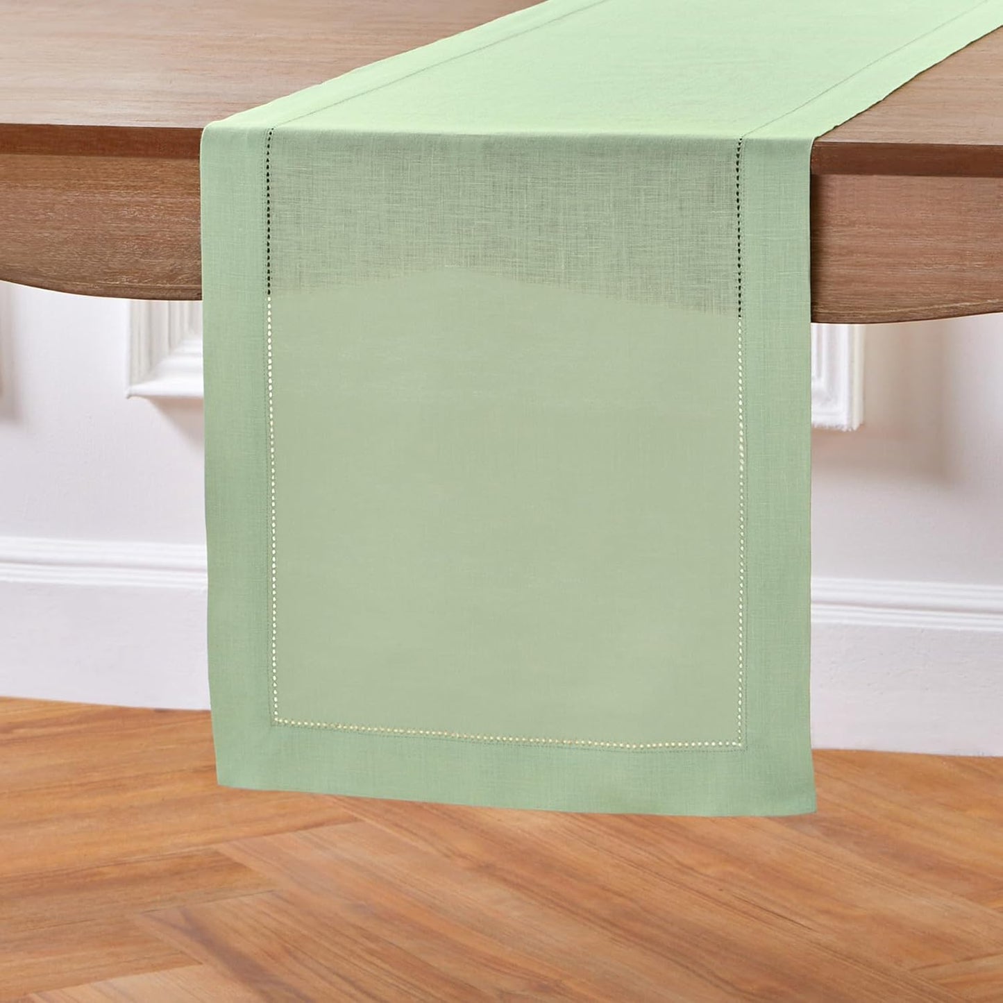 Solino Home Linen Table Runner 120 Inches Long - 100% Pure Linen Light Green Table Runner 14 x 120 Inch - Classic Hemstitch