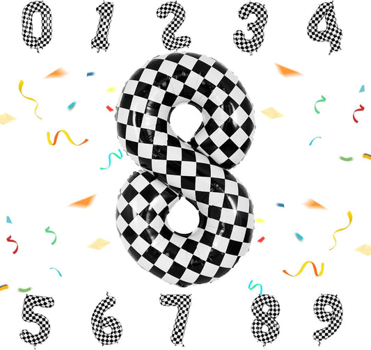40 Inch Checkered Number 8 Balloon - Race Flag Pattern Big Helium Balloon for Birthday Party Decorations - Black & White Balloon for Kids Adults Party Supplies (Racing Car, Number 8)
