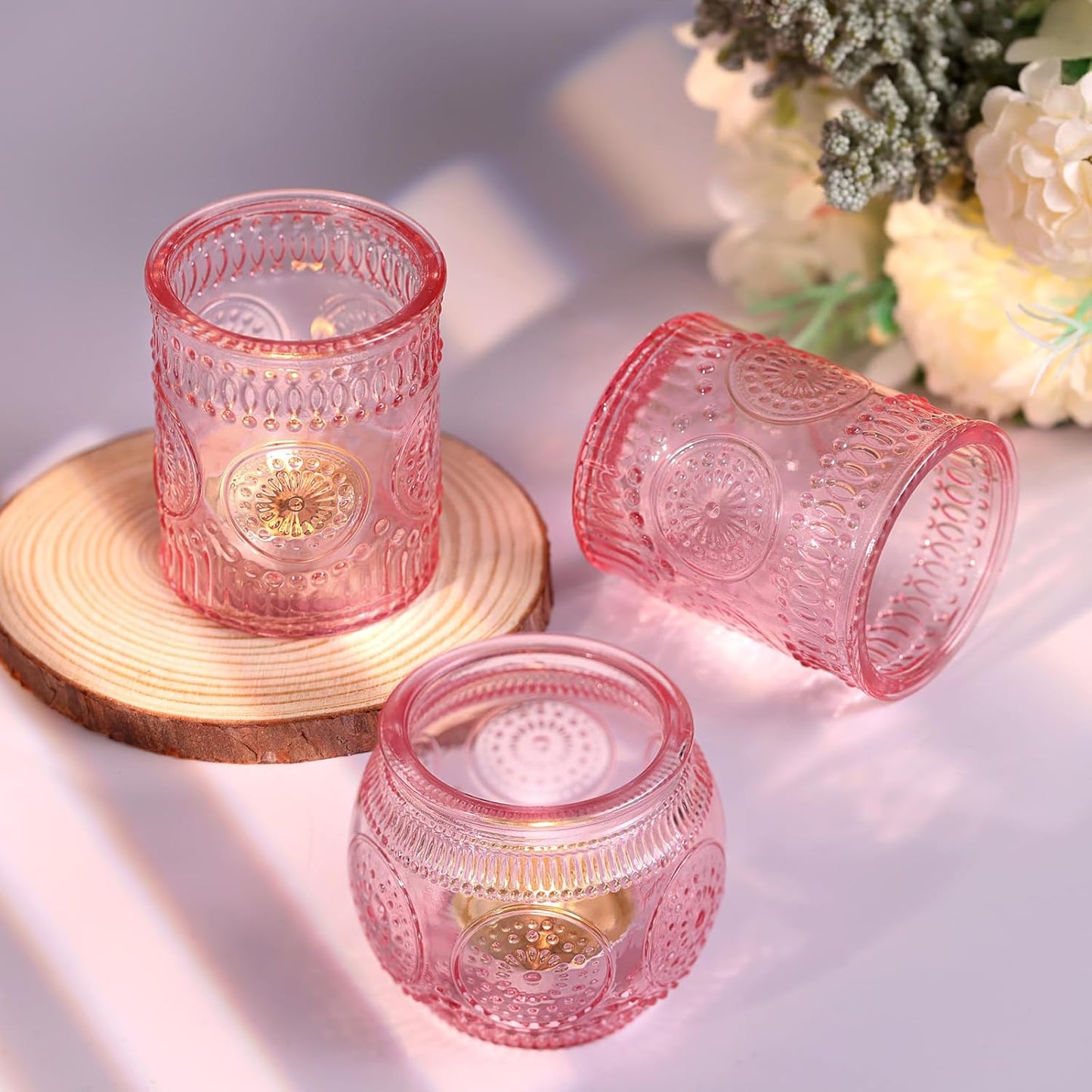 DARJEN 12Pcs Pink Votive Candle Holders - Glass Tea Light Candle Holder for Flameless LED Tea Waxes, Romantic Candle Holder for Wedding Decor, Various Parties & Dinner Table