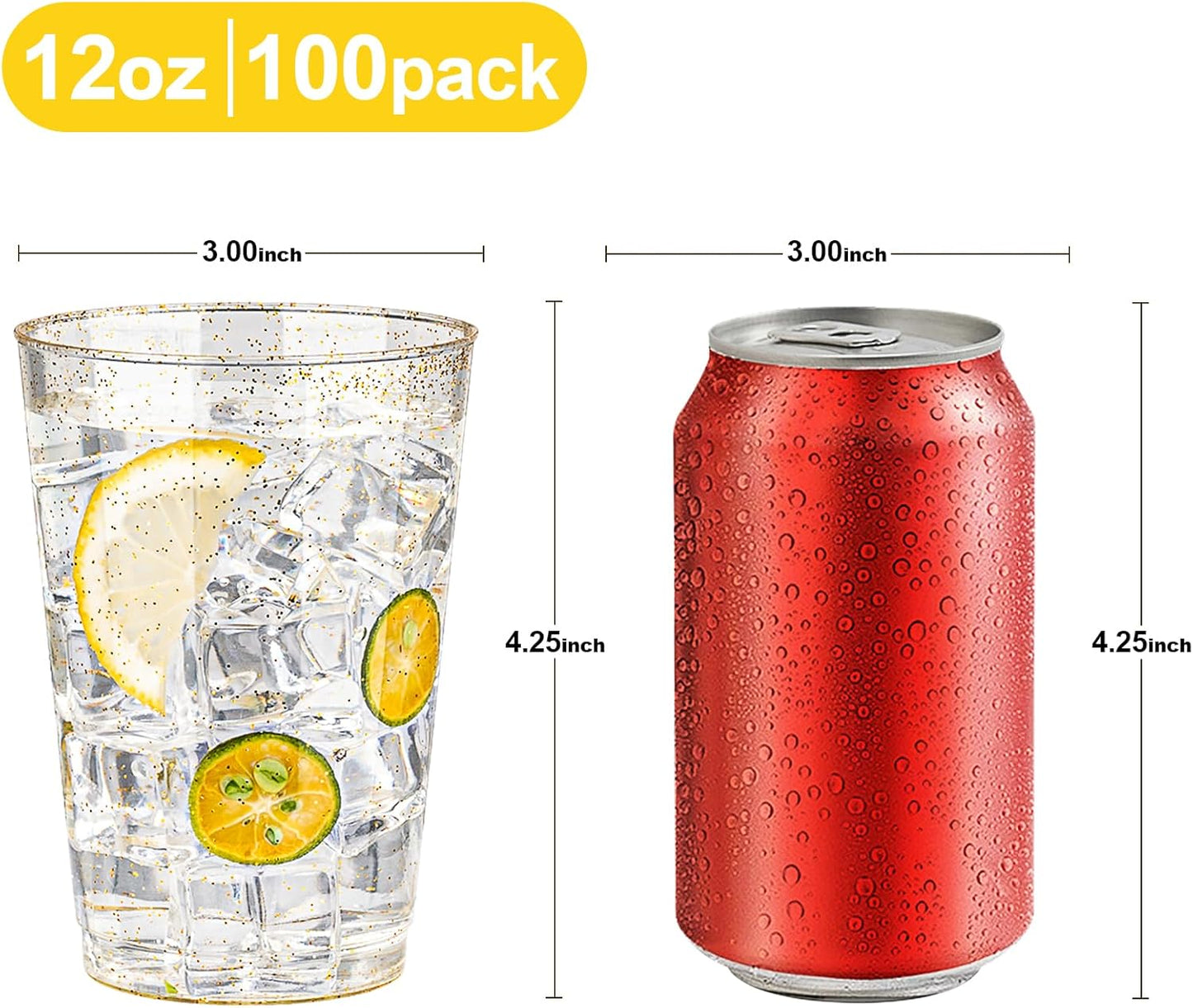 BESTVIP 12oz Gold Glitter Disposable Cups, 100 Pack Gold Plastic Cups, Heavy-duty Party Cocktail Glasses for Christmas, Thanksgiving, Plastic Cups for Party, Holiday, Wedding and Birthday