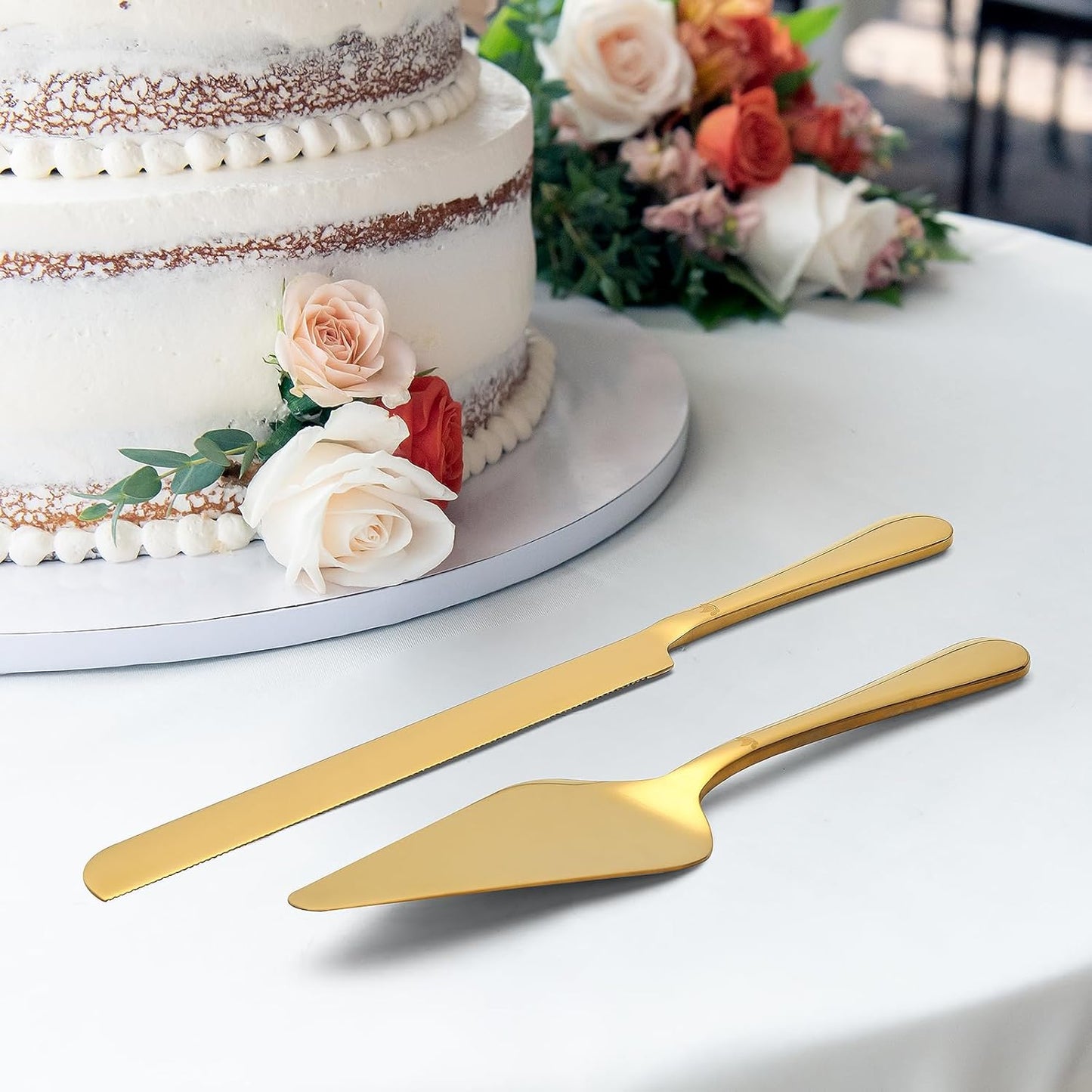 Cake Cutting Set for Wedding - Extended Cake Knife And Server Set Thickened Stainless Steel Cake Cutter and Pie Spatula Great for Birthday Anniversary Christmas Gift Gold 2 Pcs