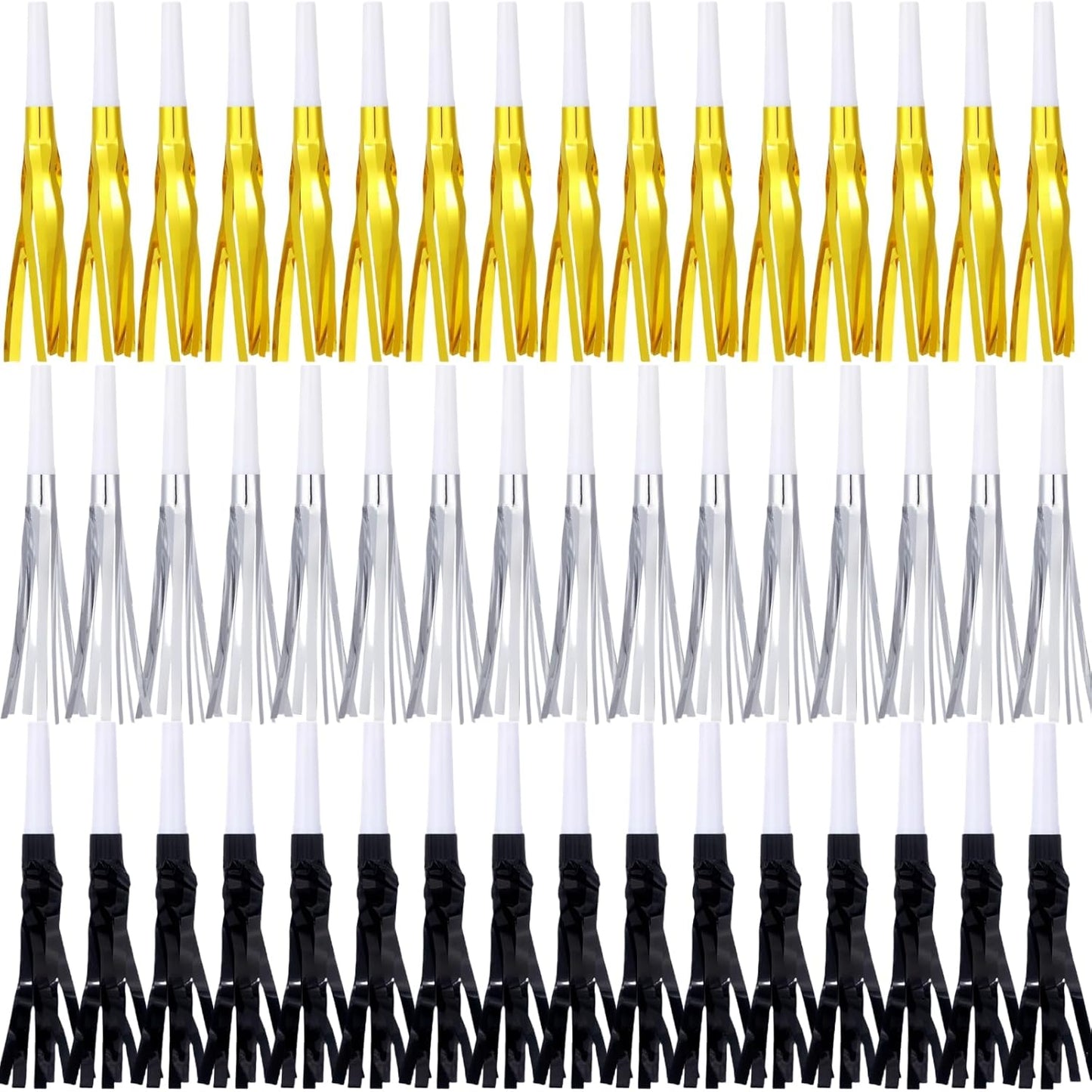 Metallic Fringed Noise Makers, for Noise Makers Party Favors, New Year Party, Baby Shower, Kids Birthday, 48 Pcs, Gold, Silver, Black