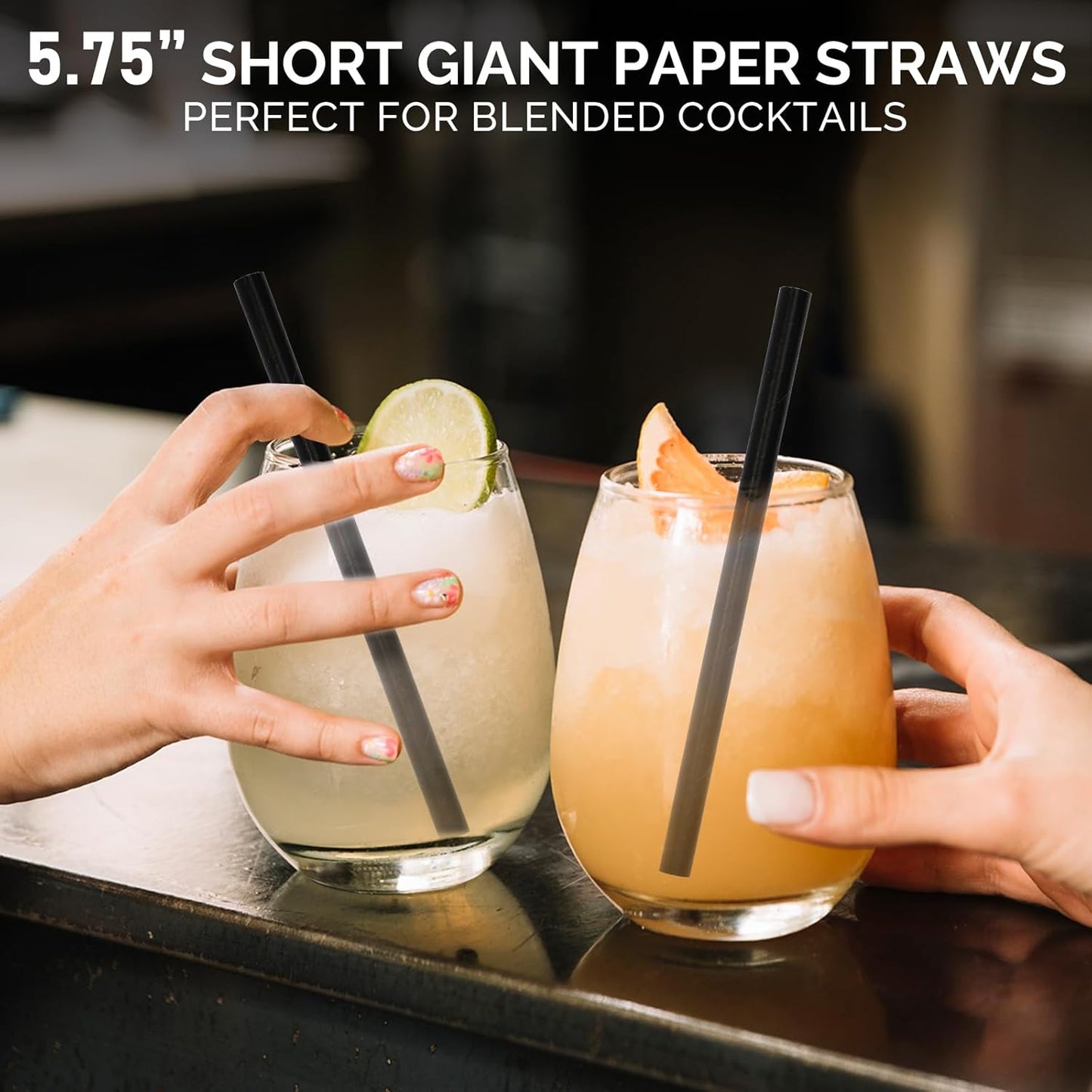 5.75 inch 8mm Wide Short Black Paper Drinking Straws Disposable for Lowball Glasses, Blended Cocktails, Margaritas, Bars, Restaurants - Unwrapped [250 Counts]