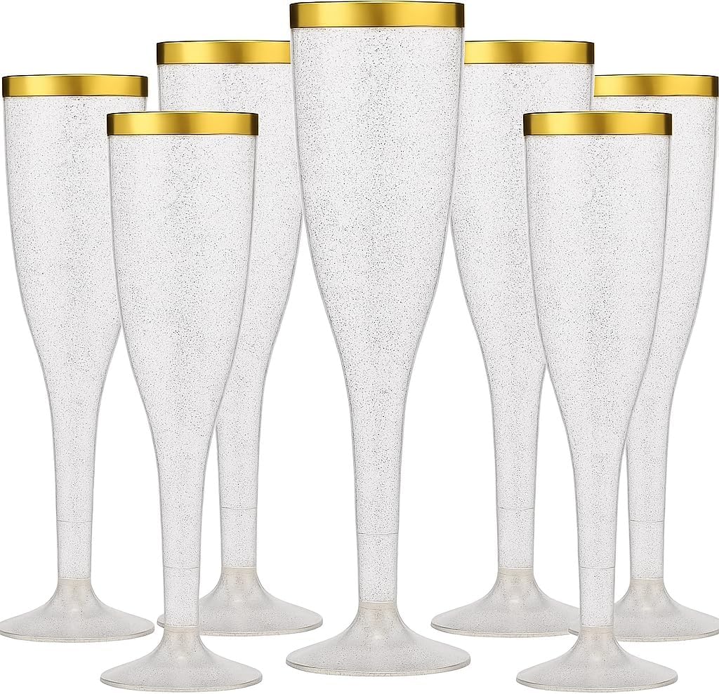 Oojami 90 Plastic 6.5 oz Disposable Champagne Flutes Ideal for Toasting Wedding Birthday Baby Showers Mimosa Cocktails Parties, 6.5 Ounces (Gold Glitter With Gold Rim)