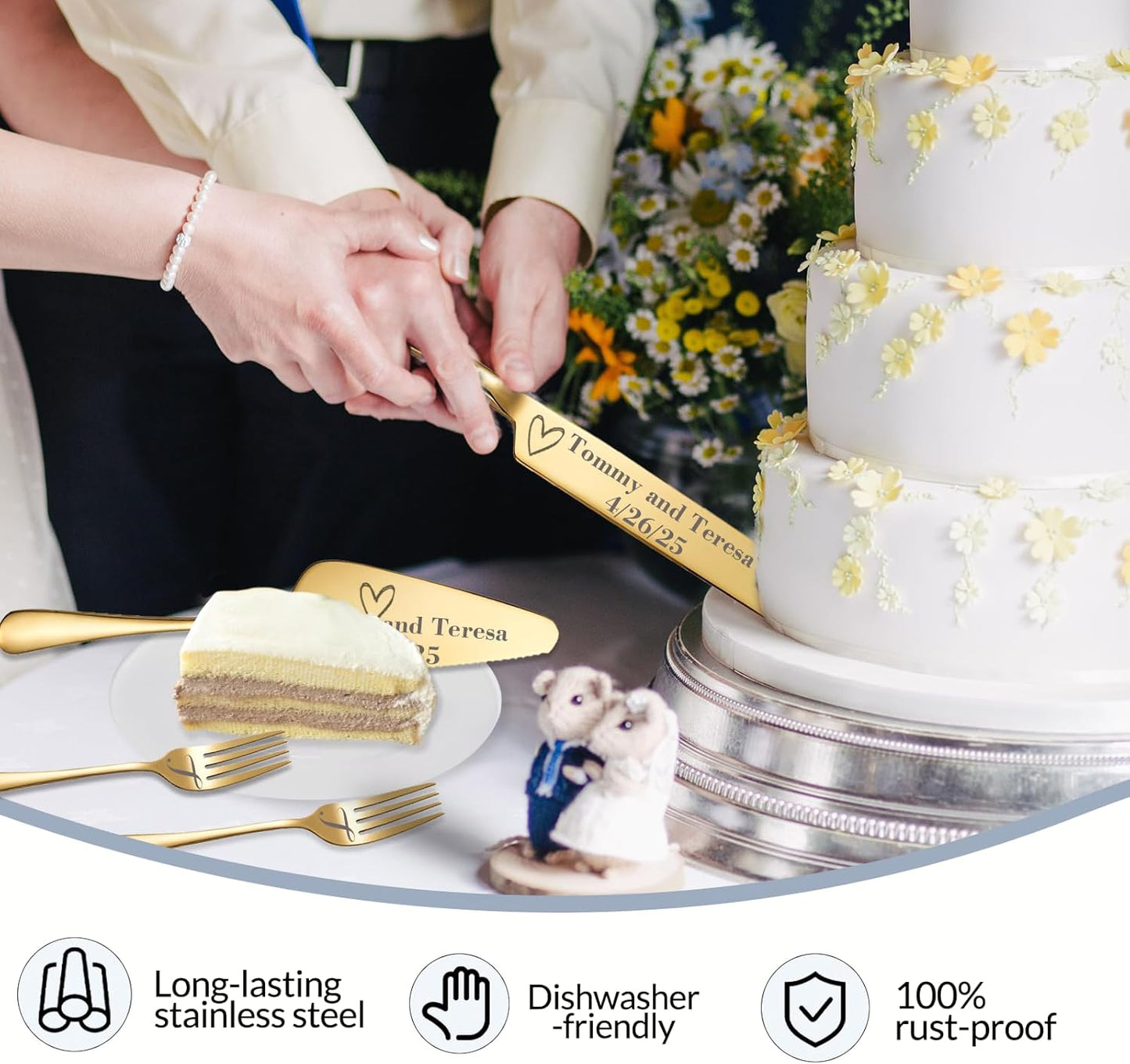 Personalized Wedding Cake Knife and Server Set, Custom Names Cake Cutting Set with Stainless Steel Forks, Customized Bridal Anniversary Birthday Wedding Registry Gifts (Gold)