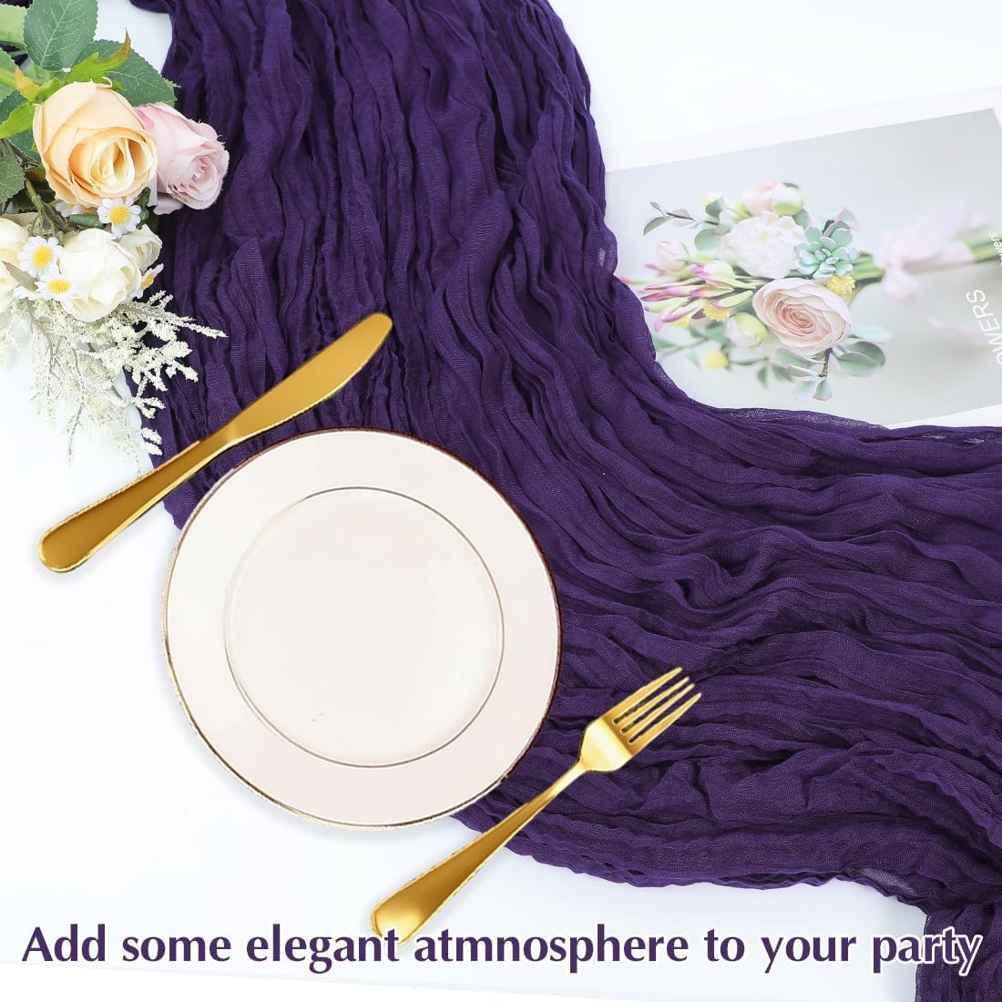 10 Pack Purple Cheesecloth Table Runner -21*120Inch Long Boho Wedding Table Decor, Rustic Gauze Fabric Runner for Bridal Showers, Baby Showers & Parties (Sheer, Lightweight, Wrinkled Design)