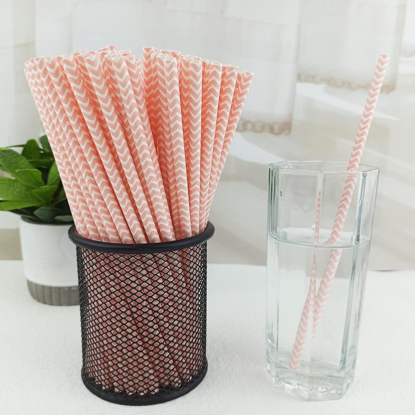 YAOSHENG Premium Disposable Waves Striped Drinking Paper Straws, Pack 100 Pink Waves Paper Straws for Cocktail Party Supplies,Birthday,Bridal/Baby Shower,Juice,Shakes (Pink Waves)