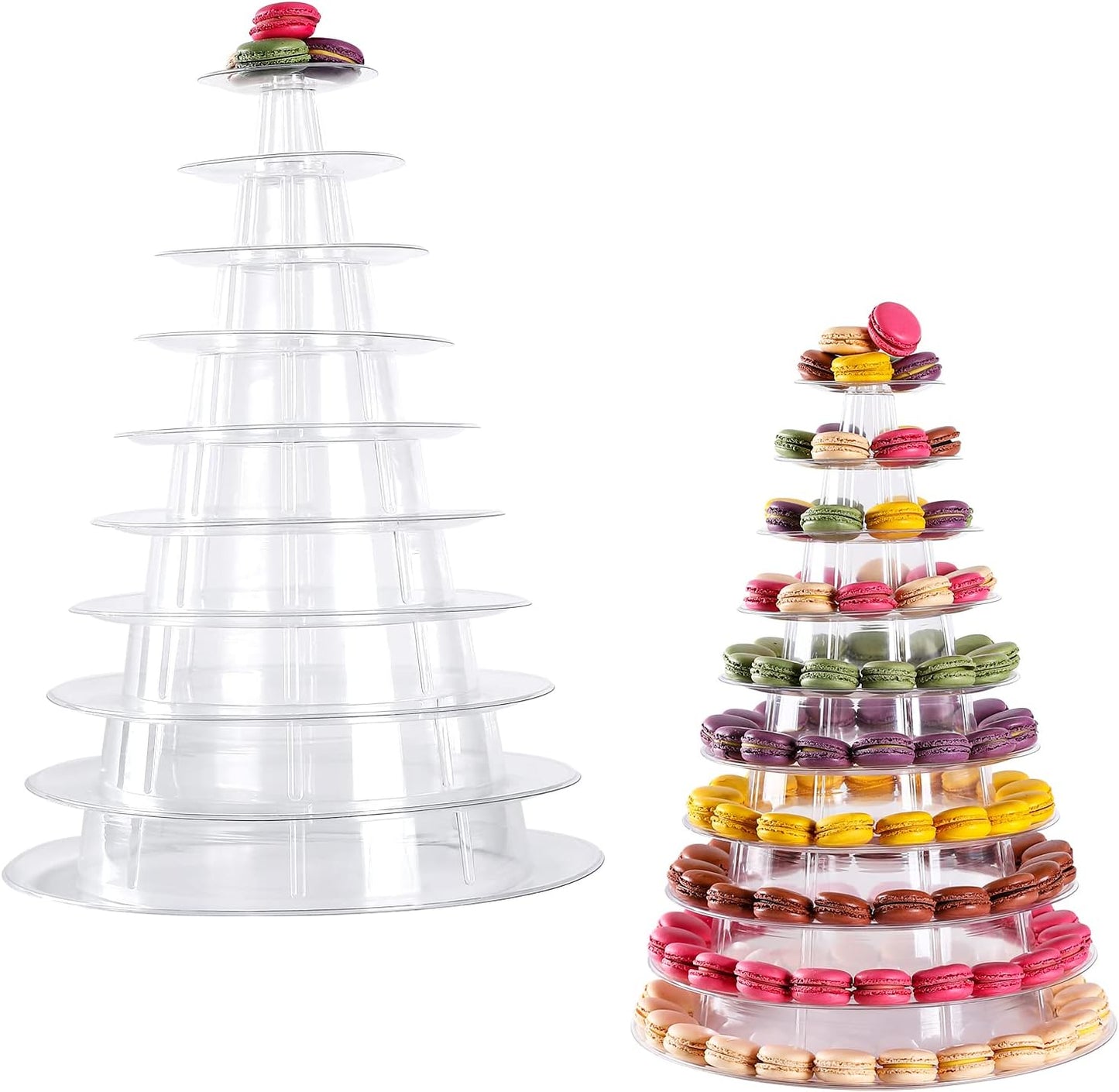 Macaron Tower Stand 10 Tier 4" - 13" Transparent Plastic Round Tower Display Stand Cupcake Cake Holder Rack Platter to Hold 230 Macarons for Wedding Birthday Party Decor