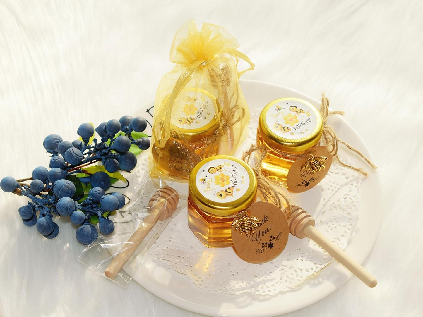 IIKUM 40 Pack Glass Honey Jars, 1.5 oz Honey Pot with Baby Shower Sash, Lids, Dippers, Bee Pendants, Gift Bags, Cards, Jute and Stickers-Ideal Honey Jars Set for Baby Shower, Wedding and Party Favors