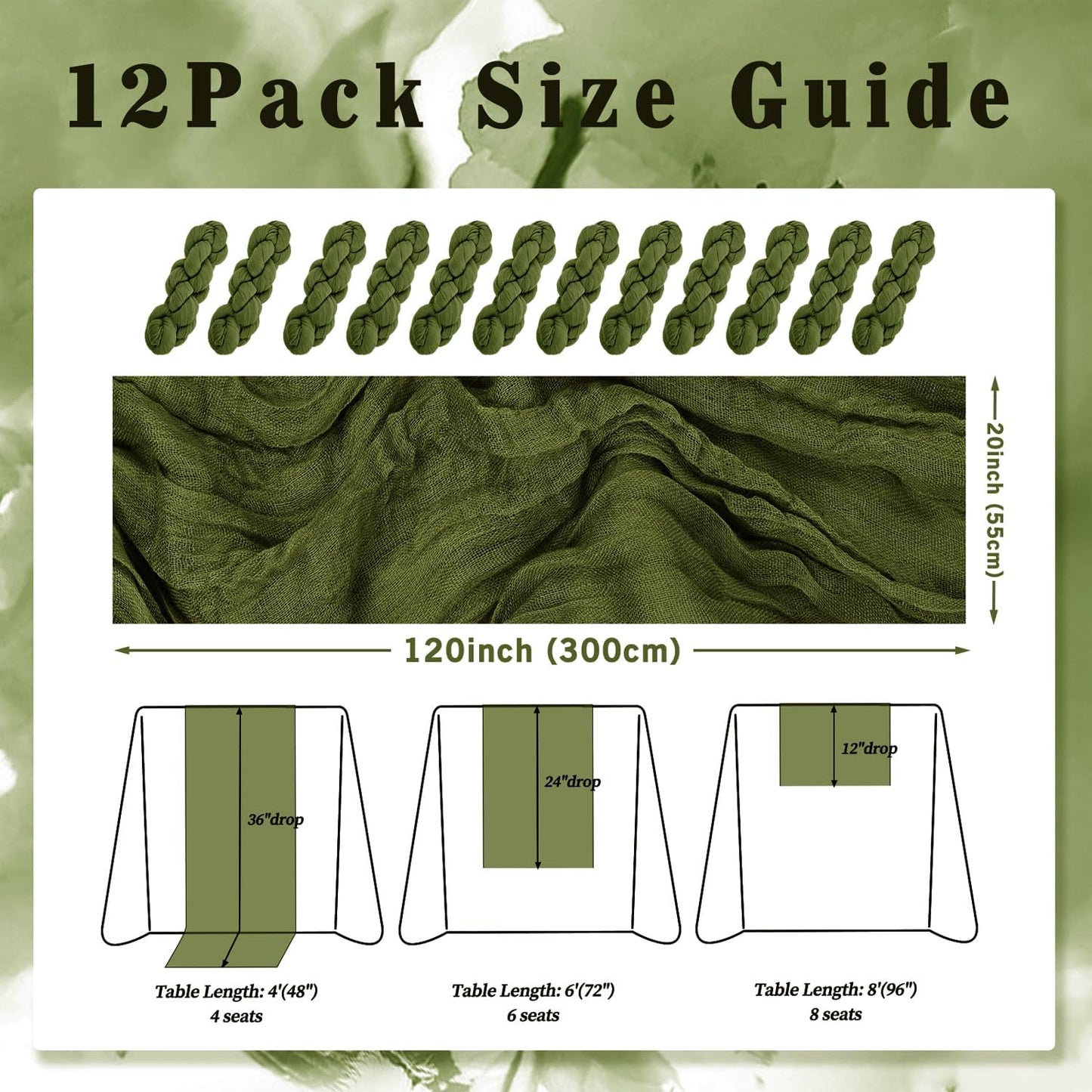12 Pack Olive Green 10FT Cheesecloth Table Runner Rustic Gauze Cheese Cloth Table Runner for Wedding Bridal Baby Shower Table Decorations Boho Fabric Sheer Birthday Party Decor 20 x 120 Inch Long