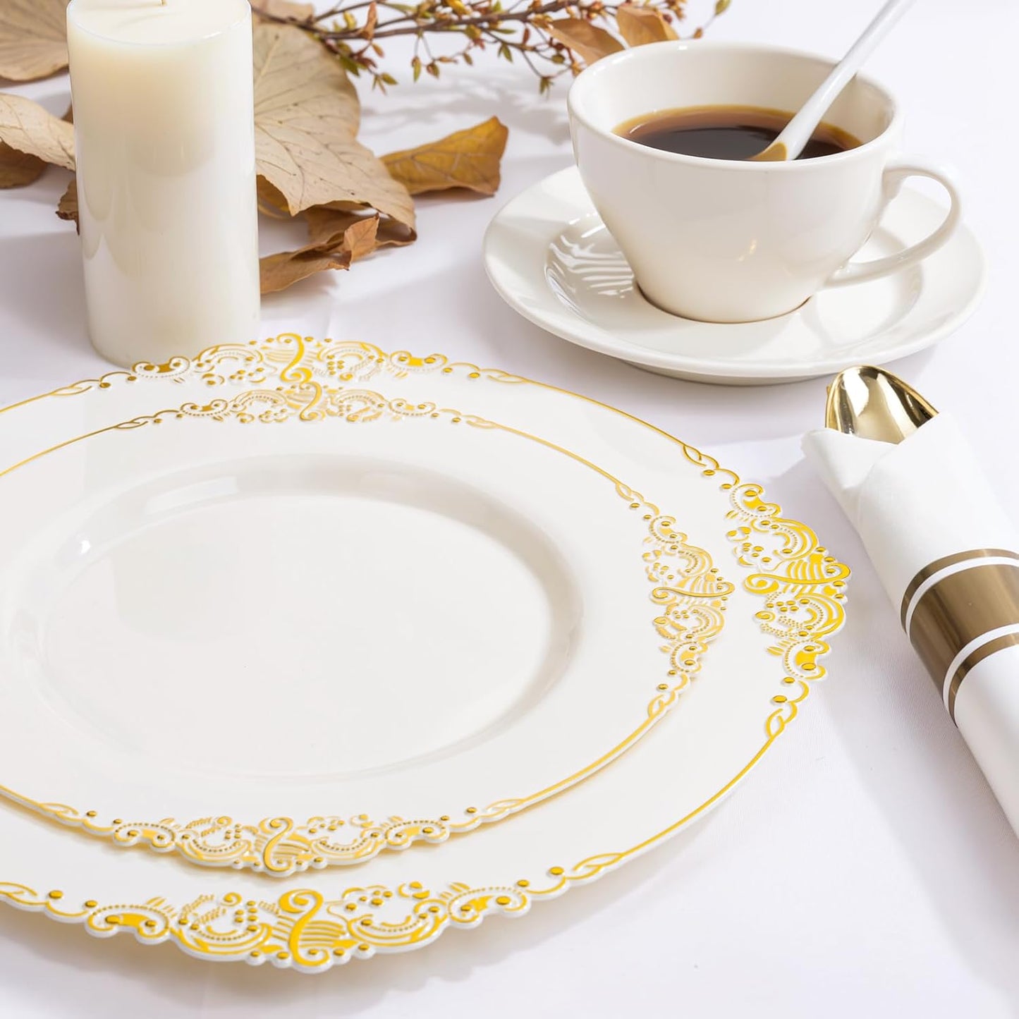 Nervure 350PCS Ivory Plastic Plates - Ivory Gold Plastic Dinnerware Sets for 50 Guests - 100 Gold Disposable Plates, 50 Pre Rolled Silverware Sets, 50 Cups Perfect for Wedding & Thanksgiving