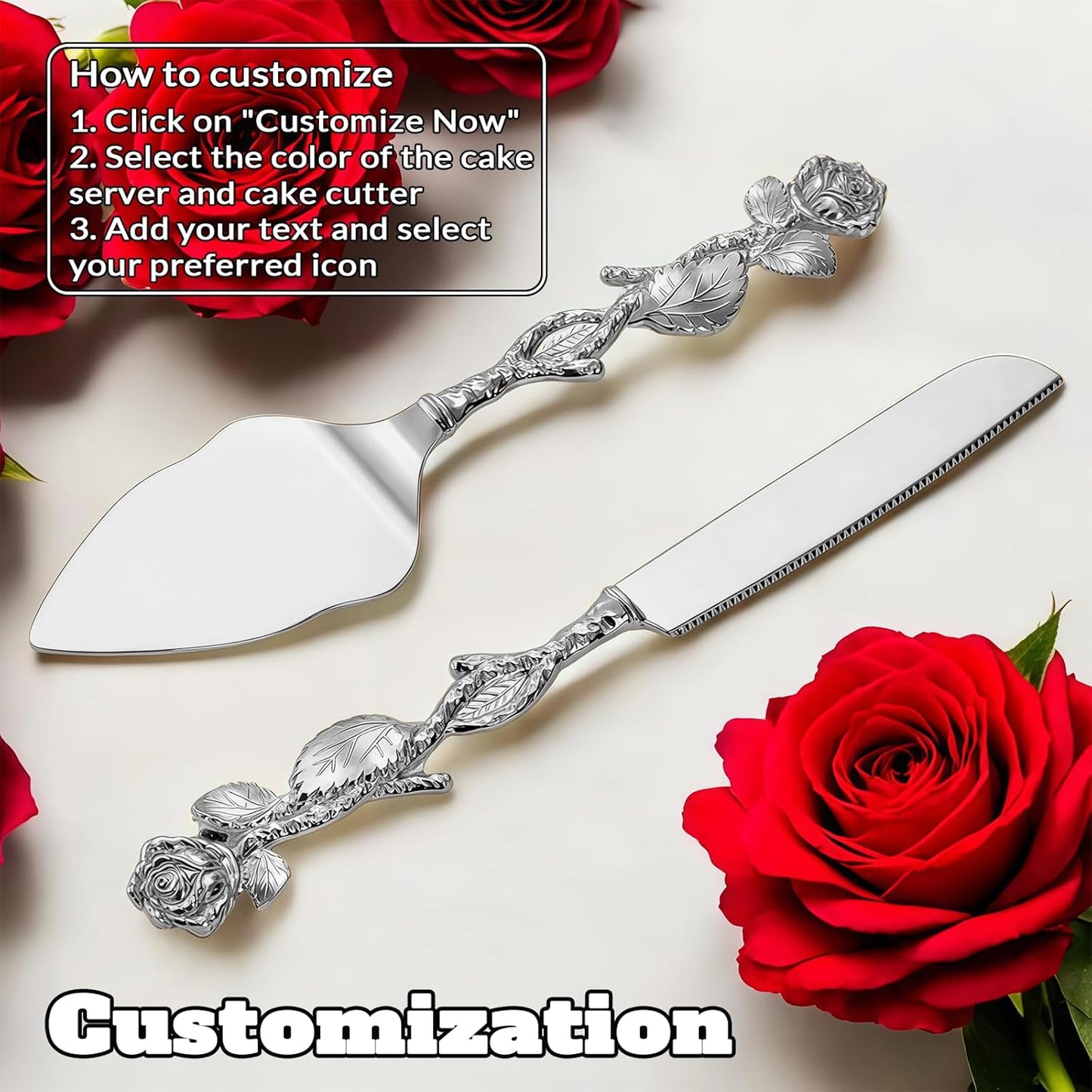 Personalized Wedding Cake Knife and Server Set, Custom Name/Date Cake Cutting Set for Wedding, Customized Cake Cutter for Bridal Anniversary Birthday Couple Gifts (Rose-Silver)