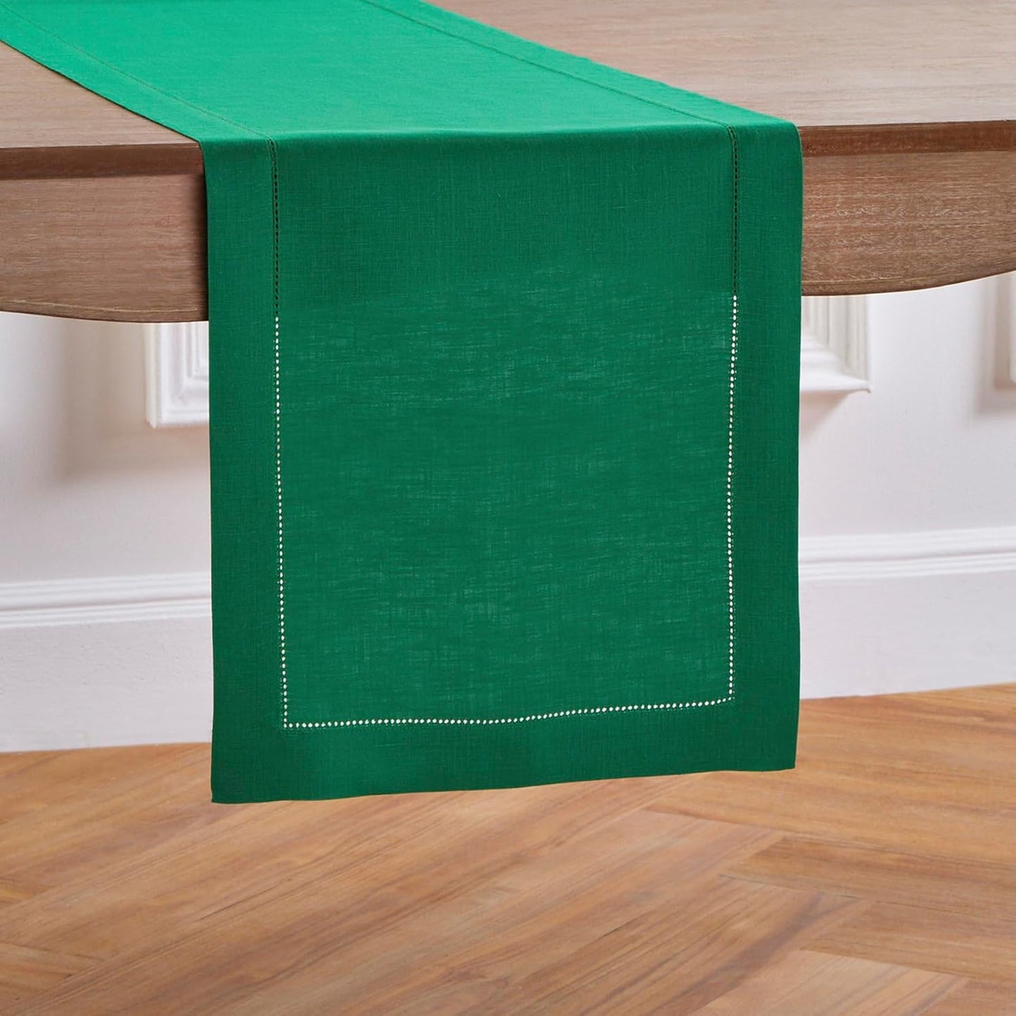 Solino Home Linen Emerald Green Table Runner 72 Inches Long - 100% Pure Linen Hemstitch Table Runner 14 x 72 Inch for Dresser, Dining, Christmas - Classic Hemstitch