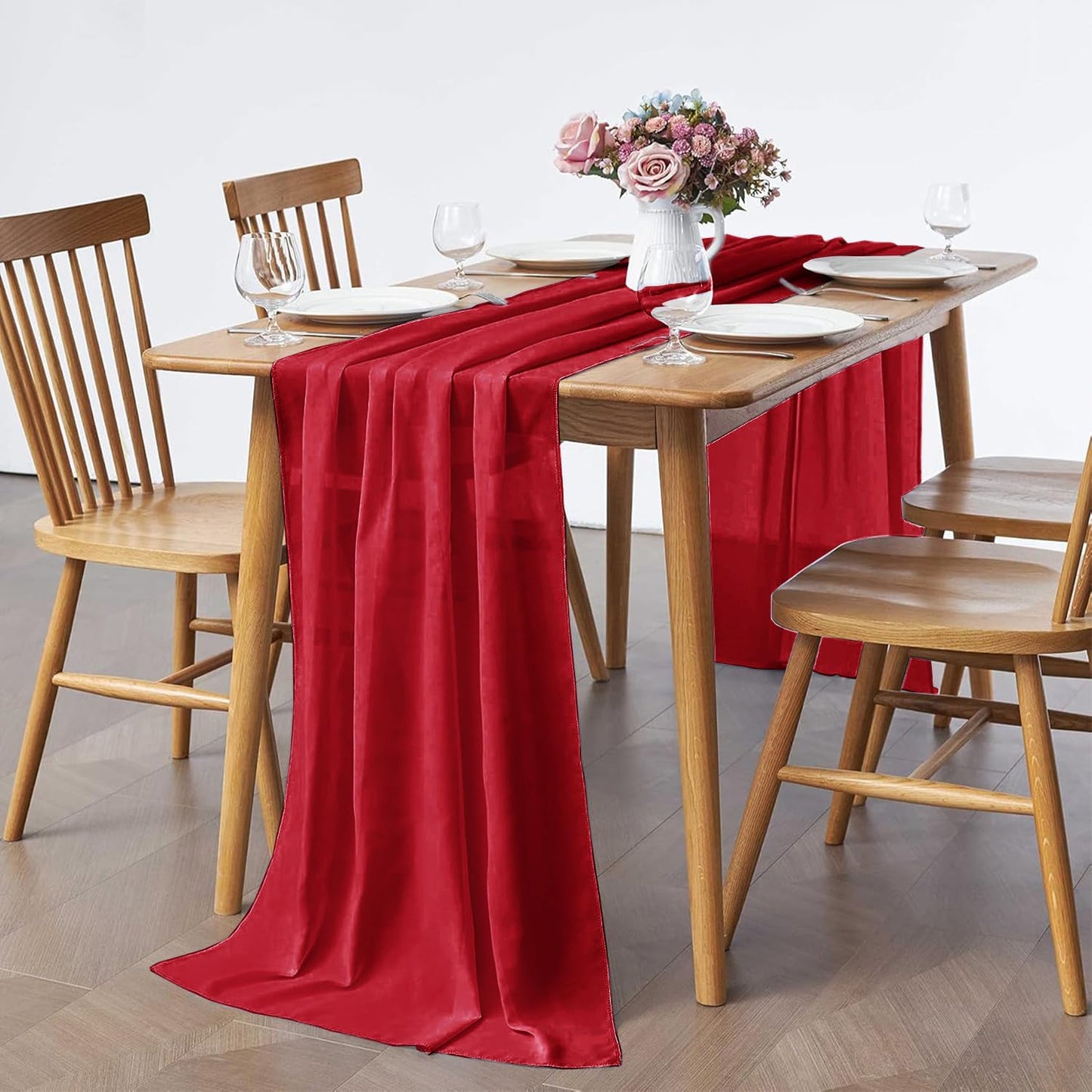 2 Pack 10Ft Red Chiffon Table Runner Sheer 29x120 Inch for Romantic Wedding Decor Bridal & Baby Shower Birthday Rustic Party Decoration