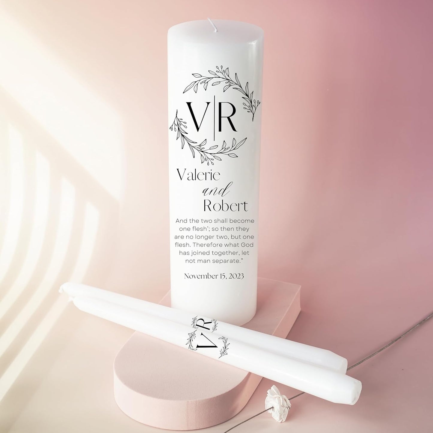 Unity Candles for Wedding, Modern Unity Set, Custom and Personalized Pillar and Taper Candles with Bible Quote, Unscented White Premium Wax, Religious and Wedding Ceremony, Special Events (Black)