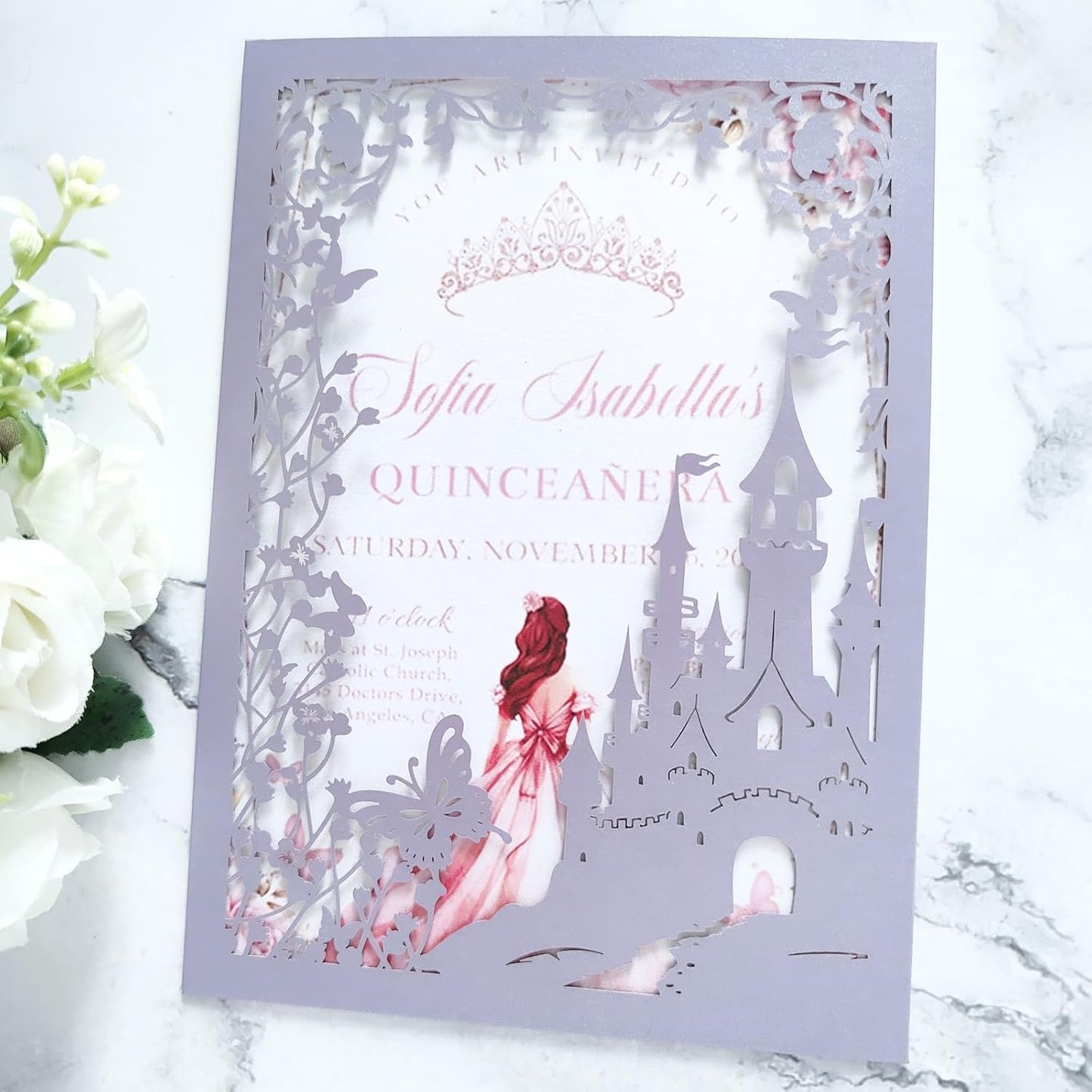 20PCS Castle Pocket Invitations, Quinceanera Invitations with Envelopes, Princess Invitation, Laser Cut quince invites (purple)