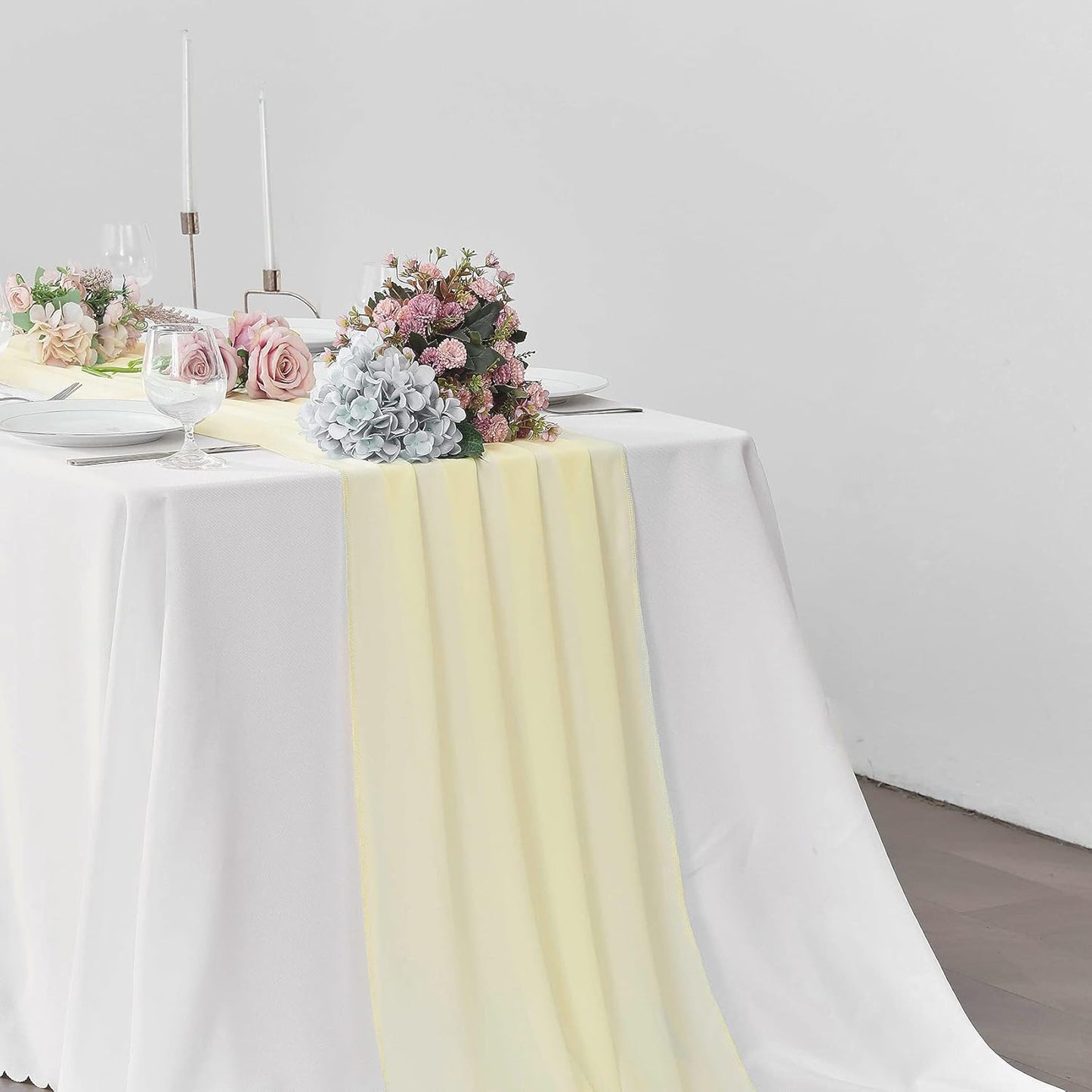 2 Pack 10Ft Light Yellow Chiffon Table Runner Sheer 29x120 Inch for Romantic Wedding Decor Bridal & Baby Shower Birthday Rustic Party Decoration