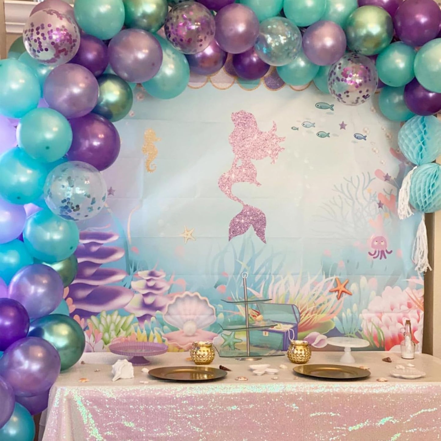 Mermaid Balloon, 12 Inch Mermaid Theme Balloon, Metallic Purple Green Party Balloons, Teal Green Purple and White Balloons with Confetti for Mermaid Party Girls Birthday baby shower Decoration