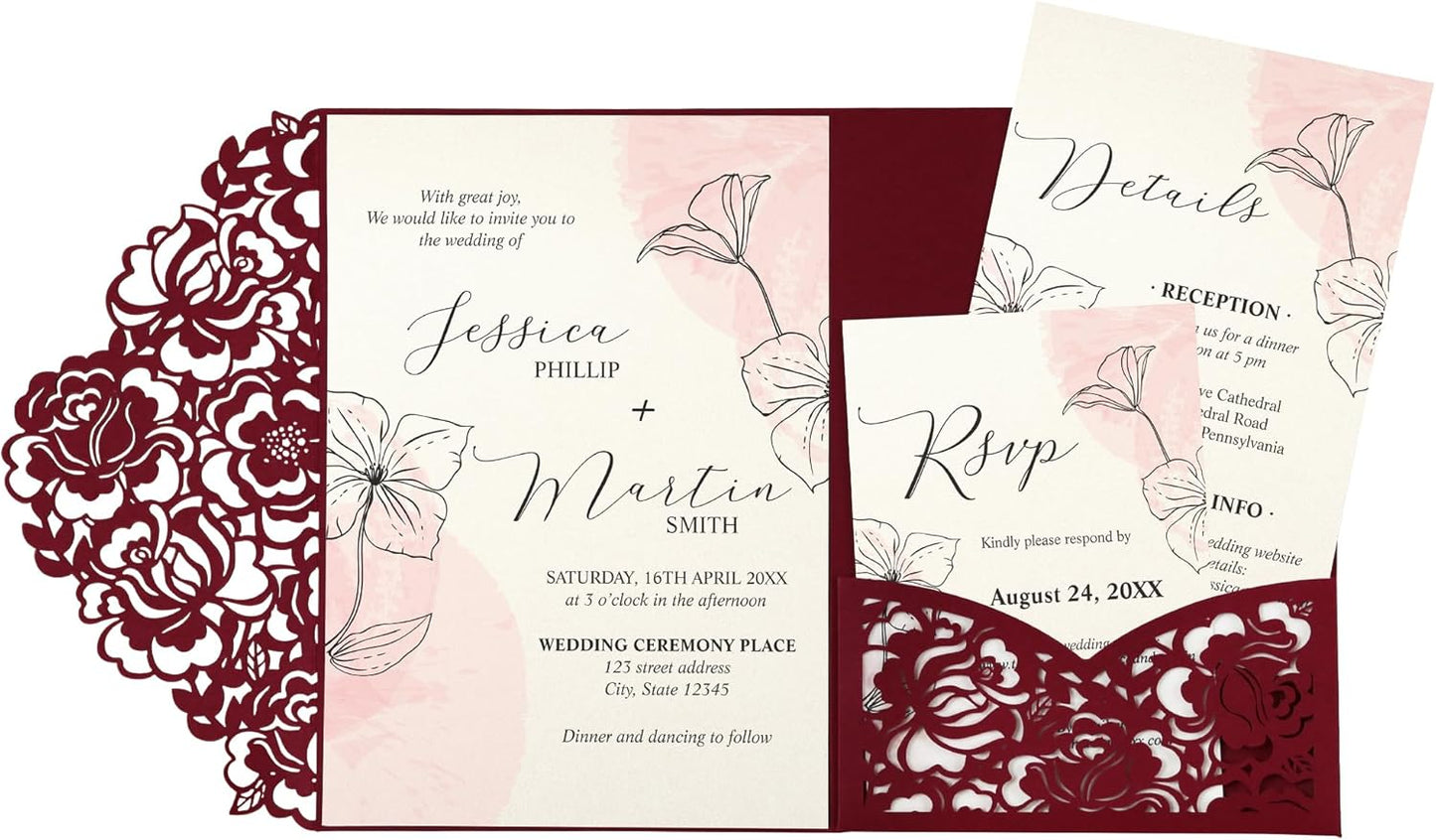 DORIS HOME 50pcs Laser Cut Wedding Invitation Pockets with Envelopes Burgundy, 5.12" x 7.12"Invitation Cards for Wedding, Anniversary (No Inserts Included)