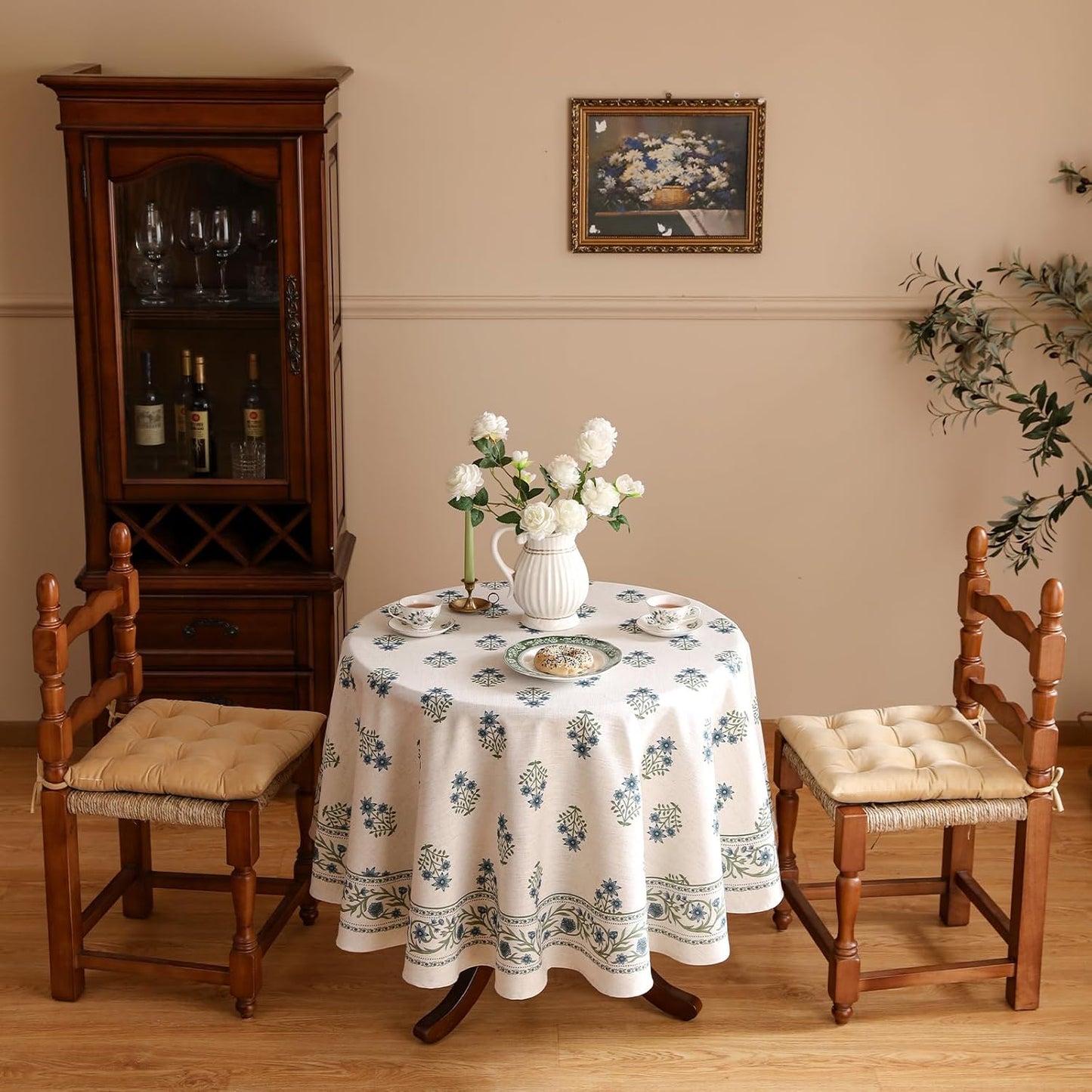 ISAENNE Designer White Linen Round Tablecloth,Chinoiserie Floral Elegant Indoor Table Cloth,Fall Stain Proof Decor Tablecloths for Dining Thanksgiving Kitchen,Diameter 67"-Mosella F