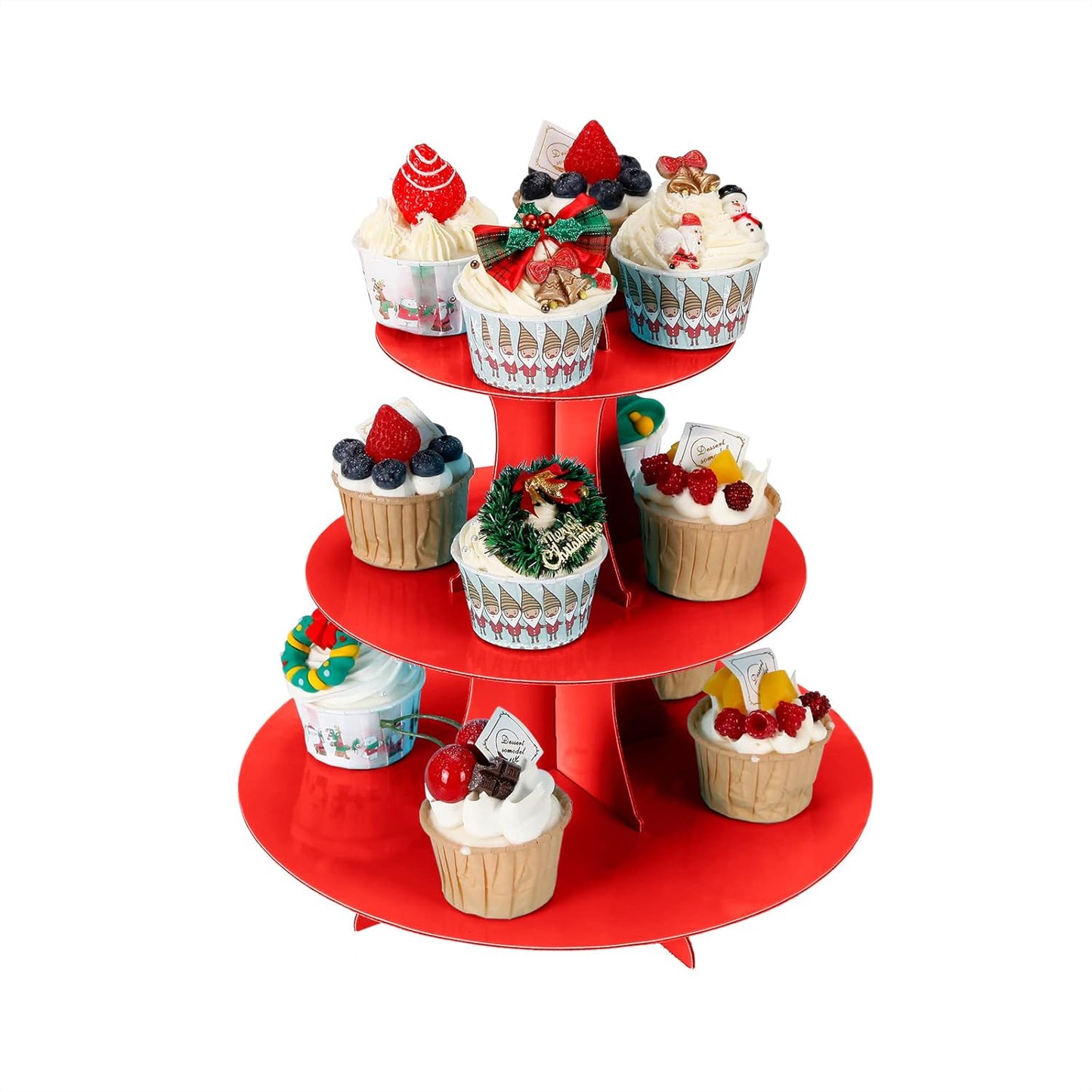 3-Tier Cupcake Stand, Cake Stand holder, Tiered DIY Cupcake Stand Tower for Dessert Table Displays, Birthday Theme Party Favors Decoration, Floral Tea Party, 12" W x 12.8" H, Red
