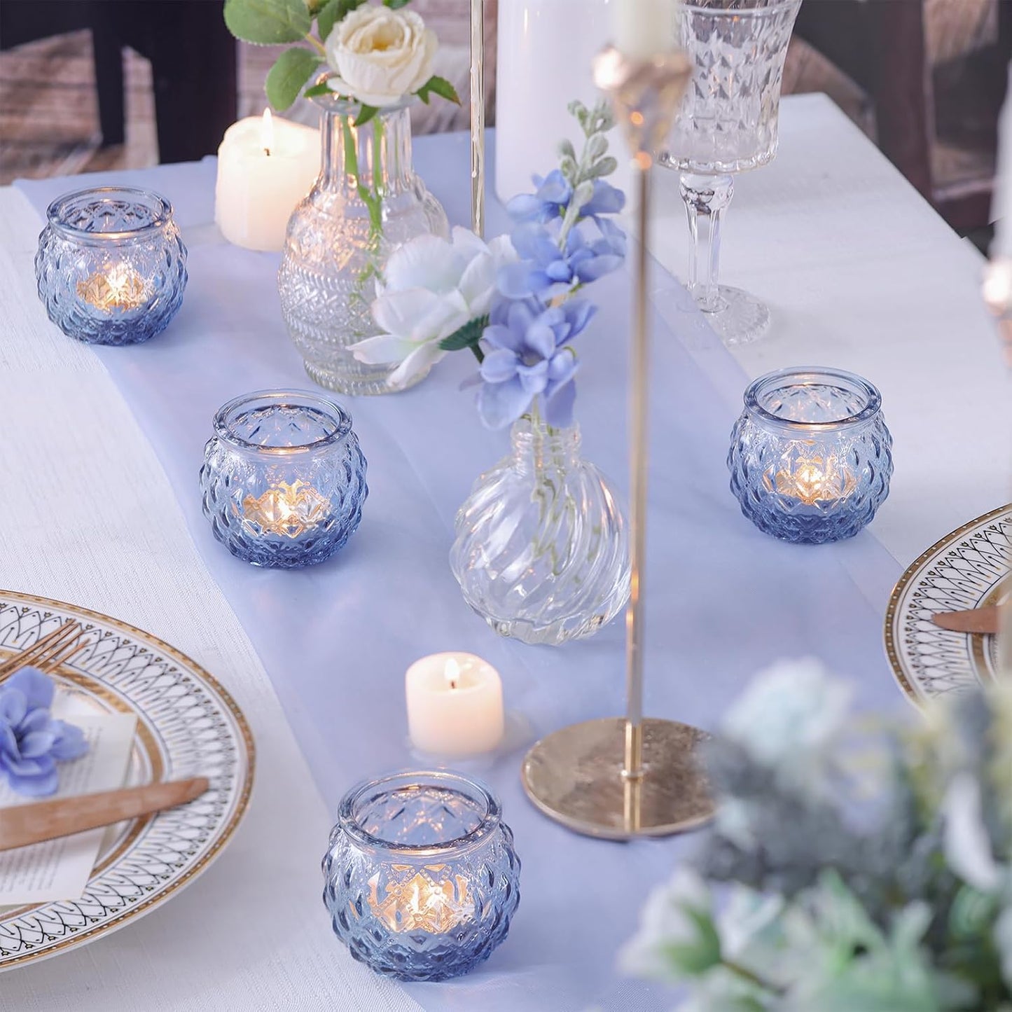 DARJEN 12Pcs Blue Votive Candle Holders - Round Glass Candle Holders Bulk for Tea Light Candle, Diamond Texture Candle Votives for Wedding Centerpiece, Party & Home Decor