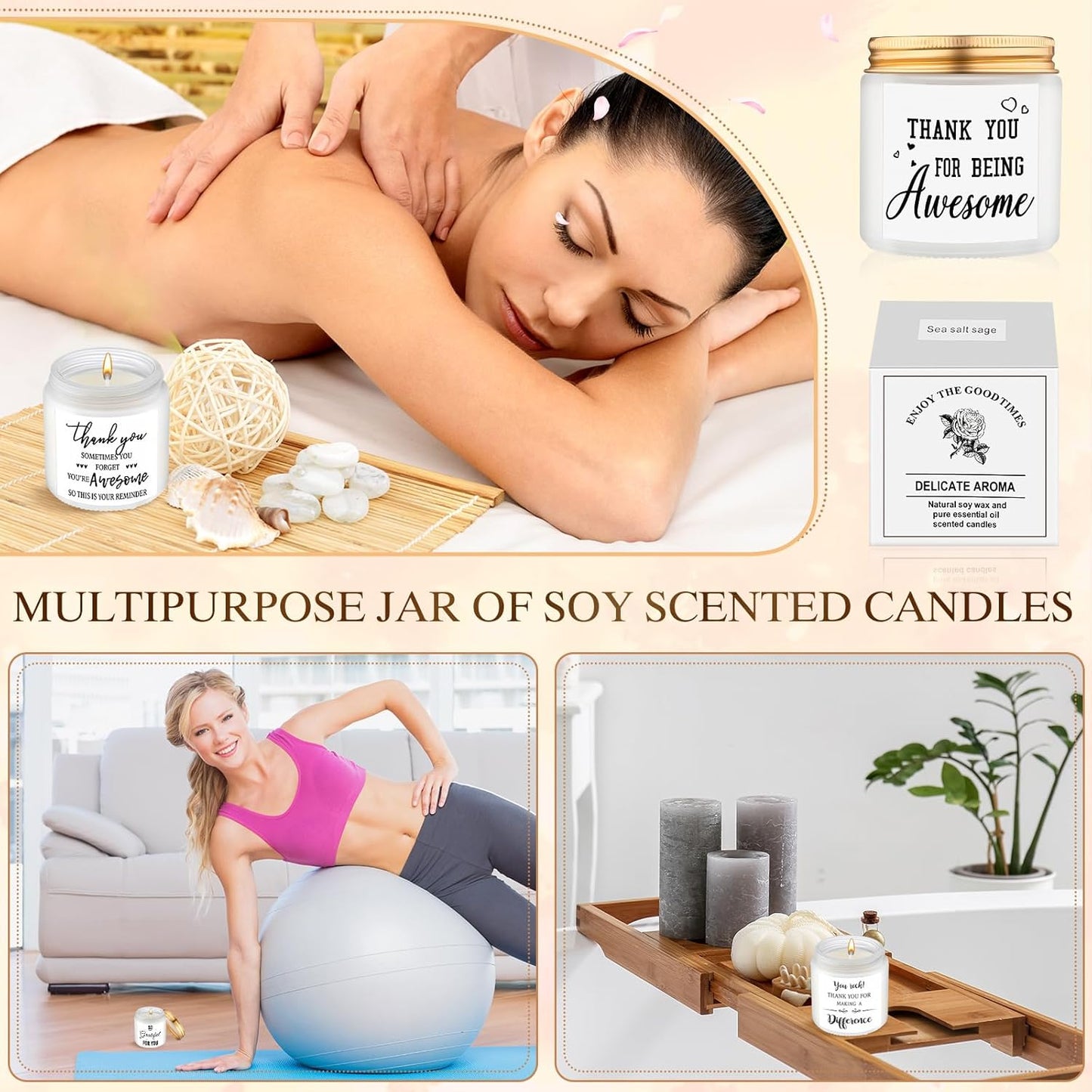 MTLEE 20 Pcs Thank You Gifts Candles 3.5 oz Employee Appreciation Inspirational Scented Soy Wax Candle Thank You Gift Christmas Gifts for Coworker Women Volunteer Teacher(Grateful,White)