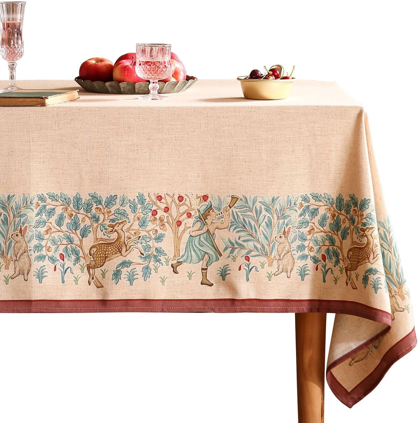 patdrea Designer Beige Extra Long Tablecloth for Rectangle Table,Vintage French Linen Trees Pattern Table Cloth,Decoration Cover for Kitchen Dining Christmas,Thanksgiving,63"x110"-Tatiana D
