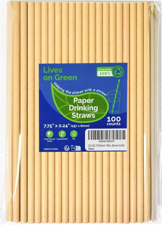 Brown Kraft Paper Straws for Drinking 7.75" x 0.24" - 100 Counts, for Bar, Restaurant, Food Supply, Catering