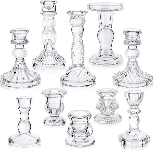 Mumufy 10 Pcs Glass Crystal Taper Candle Holders Clear Glass Candlestick Holder Fit 0.8 Inch Candles Crystal Decorative Candle Stand Centerpiece Table Wedding Dining Party (Classic,Clear)