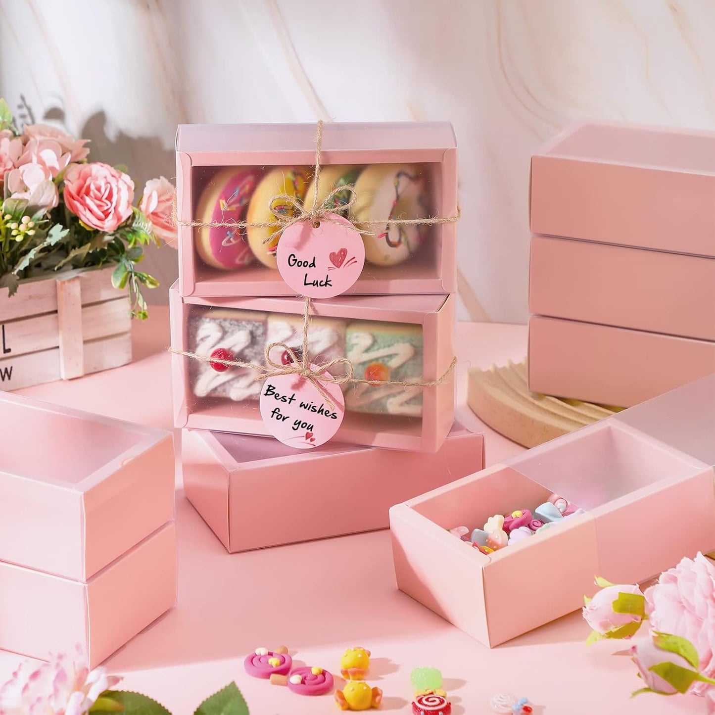 Roowest 50 Sets Kraft Soap Boxes Rectangle Packaging Box with Window Homemade Gift Box with Blank Tags and Jute String for Jewelry Candy Wrapping Party Favor(6.3 x 3.5 x 2 Inch,Pink)