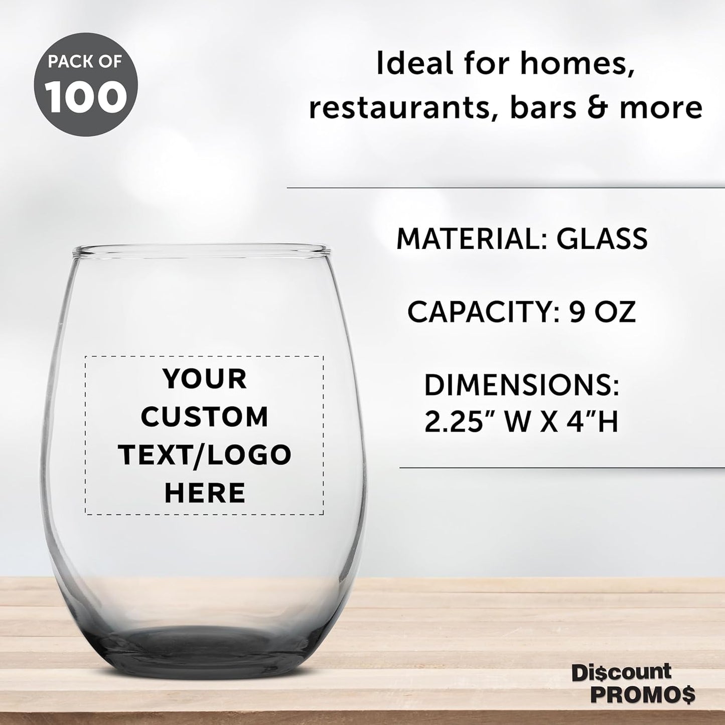 Custom Stemless Wine Glass 9 oz. Set of 100, Personalized Bulk Pack - Great for Wedding Favors, Bachelorette Party Decorations, Party Fovors, Color Bottom - Black