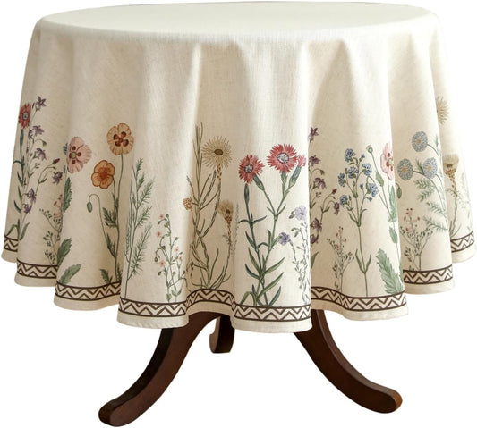 ISAENNE Designer Off White Linen Round Tablecloth,Floral Elegant Table Cloth,Stain Resistant Vintage Decor Tablecloths for Dining Thanksgiving Kitchen Christmas,Diameter 67"-Serenity G
