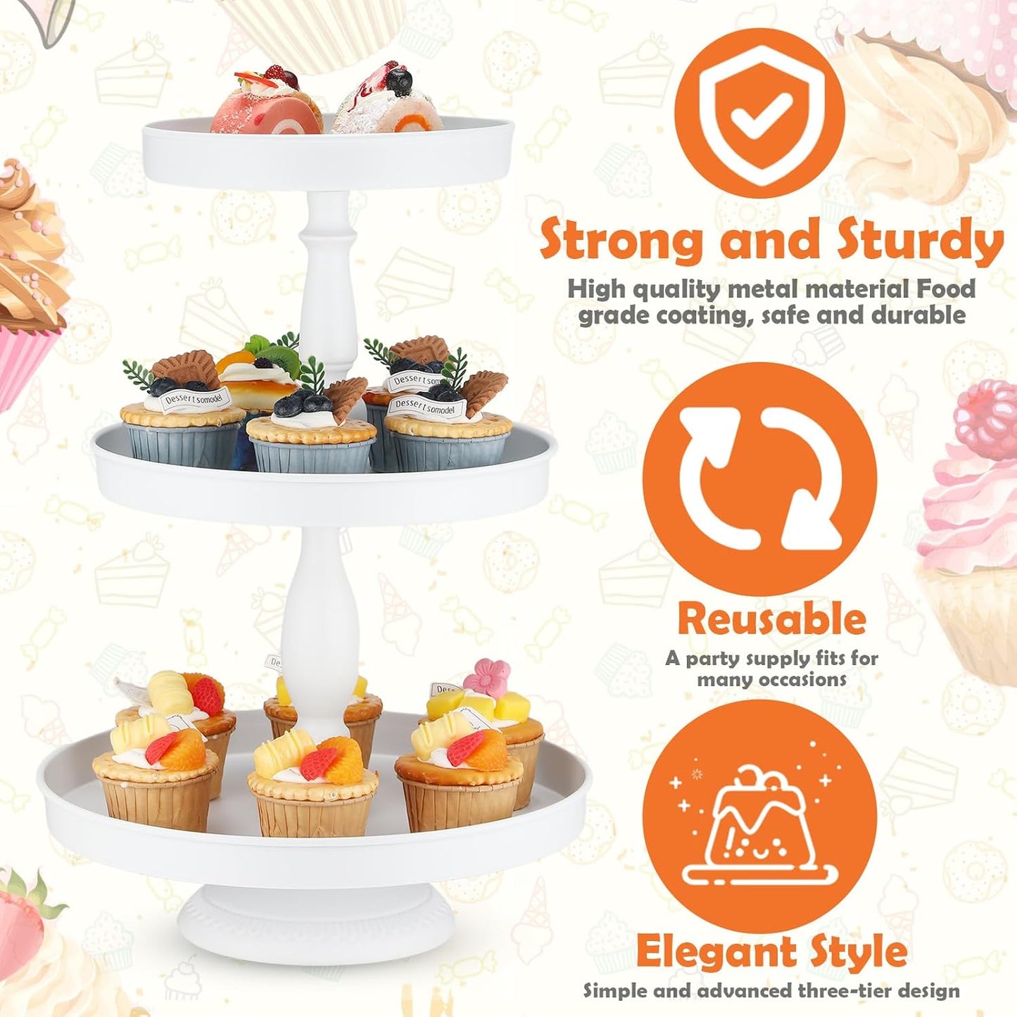 Maxdot 2 Pcs 3 Tier Cupcake Stand Holder, Round Cupcake Stand Serving Tray, Metal Tiered Tray Pastry Dessert Cake Tower Display Stand for Baby Shower Tea Party, Wedding and Birthday (White)