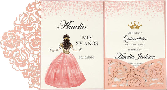 DORIS HOME 50pcs Laser Cut Quinceanera Invitation Pockets with Envelopes Pink, 5.12" x 7.12"Invitation Cards for BirthdayMiss 15, Sweet 16 (No Inserts Included)