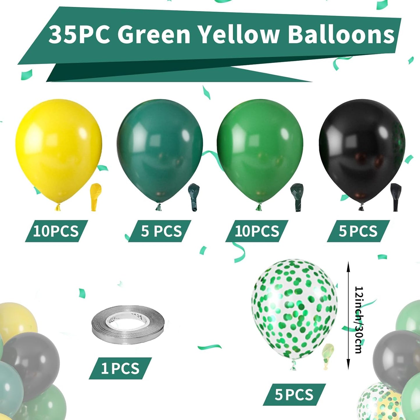 Green and Yellow Balloons, Tractor Football Sport Theme Balloon, Black Yellow Vintage Dark Green Balloons Green Confetti Balloon for Man Boy Birthday Baby Shower Party Decoration