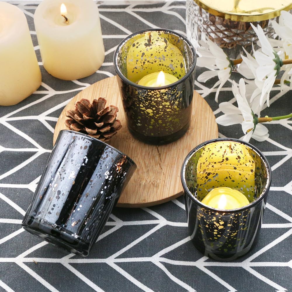 Black Mercury Glass Tea Light Holders Set of 36 - Elegant Votive Candle Holders for Weddings, Showers and Home Decor - Perfect for Table Centerpieces and Parties (Glass, Black)
