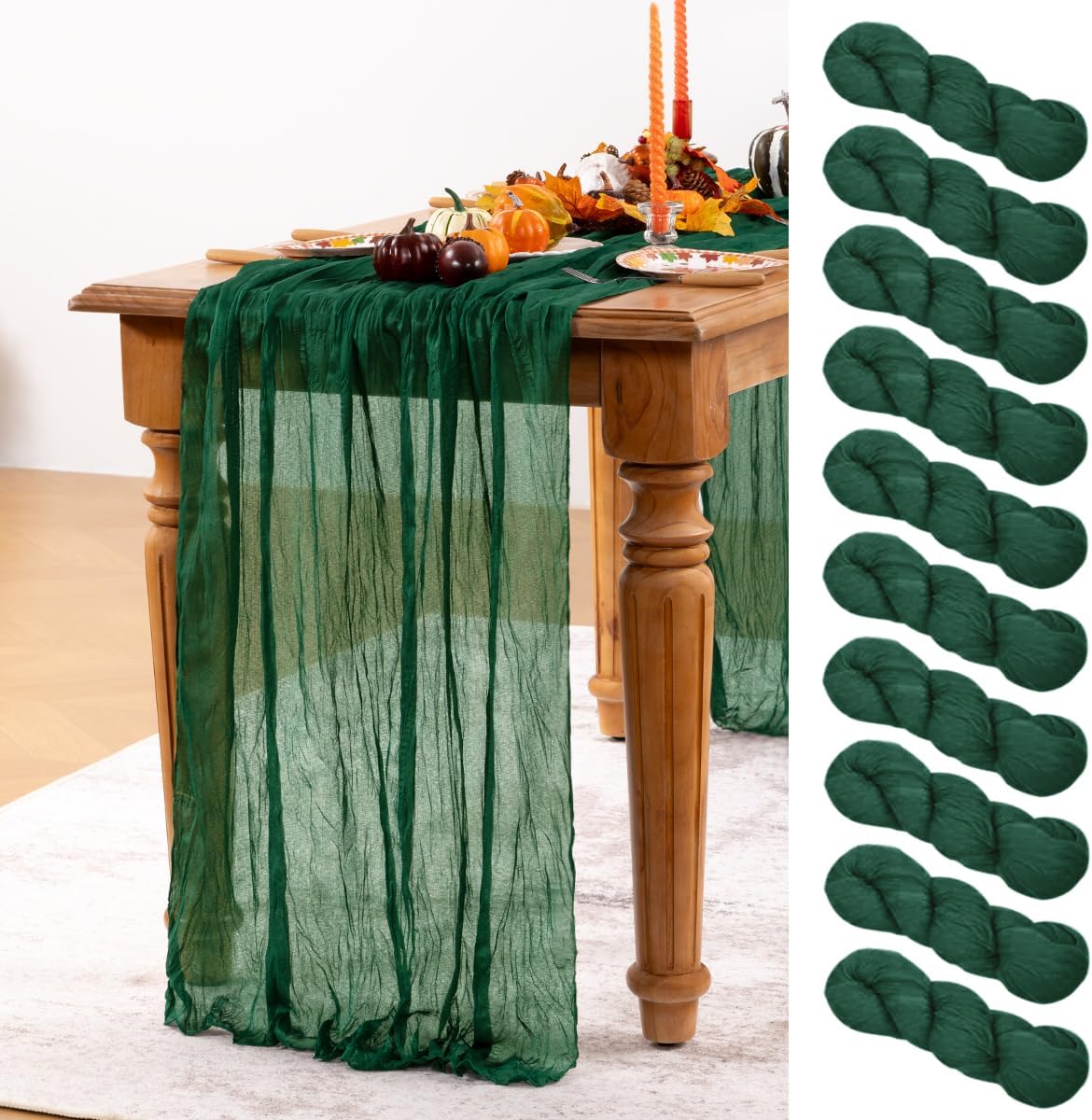 Emerald Green Cheesecloth Table Runner 10 Pack Fall Table Runners Boho Gauze 120 Inches Green Cheese Cloth Fall Table Decorations for Thanksgiving Wedding Bridal Baby Shower Tea Party
