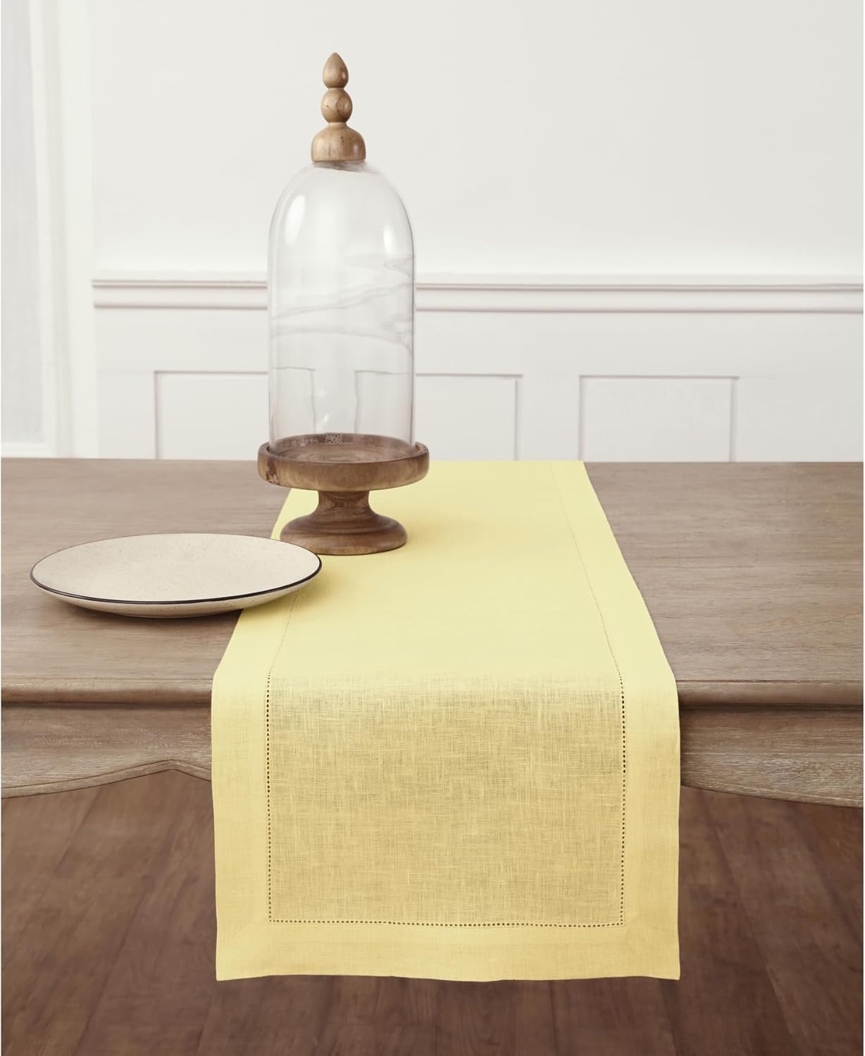 Solino Home Linen Table Runner 90 Inches Long - Classic Hemstitch 100% Pure Linen Yellow Dining Table Runner 14 x 90 Inch