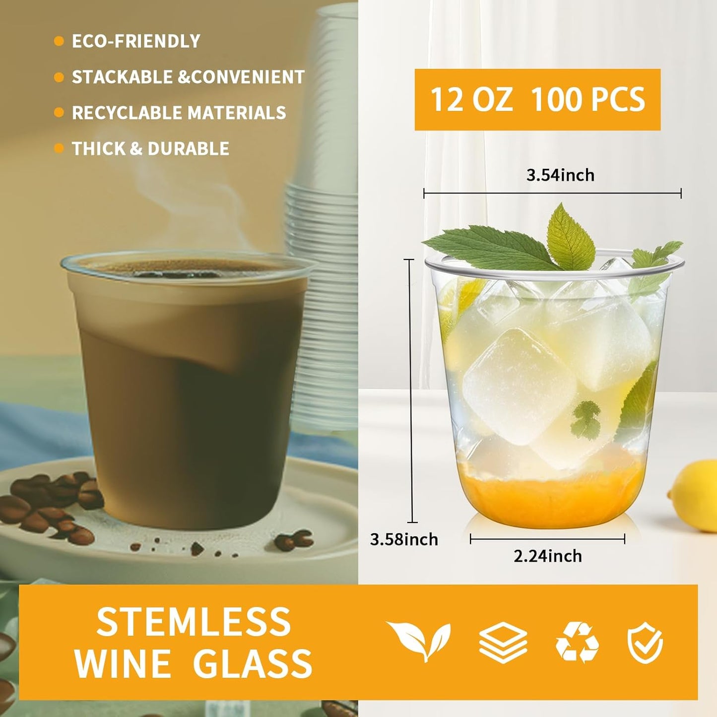 Disposable Stemless Glasses 12oz Crystal Plastic Cups Disposable Cold Party Drinking Cups Wine Glasses for Meeting Weddings Birthdays Cocktail Christmas Party Supplies (Clear, 100 Pcs)