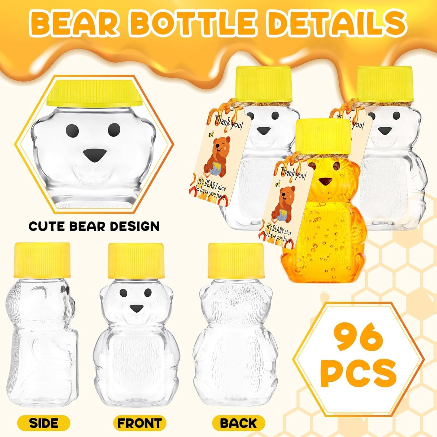 96 Sets 2 oz Plastic Honey Bear Bottle Bear Shape Clear Empty Honey Jar 96 Tags 2 Rolls Jute Rope Honey Containers Empty Honey Dispenser for Baby Shower Party Favors Gifts (Yellow Lid)