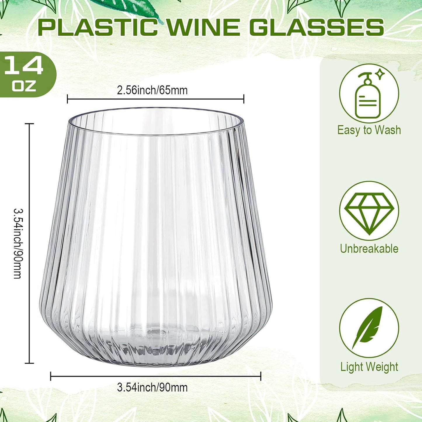 Suclain 20 Pcs Plastic Wine Glasses Ribbed Stemless Wine Glasses 14oz Vertical Design Unbreakable Cups for Outdoor Indoor Vintage Elegant Champagne Whiskey Glasses for Christmas Party Wedding